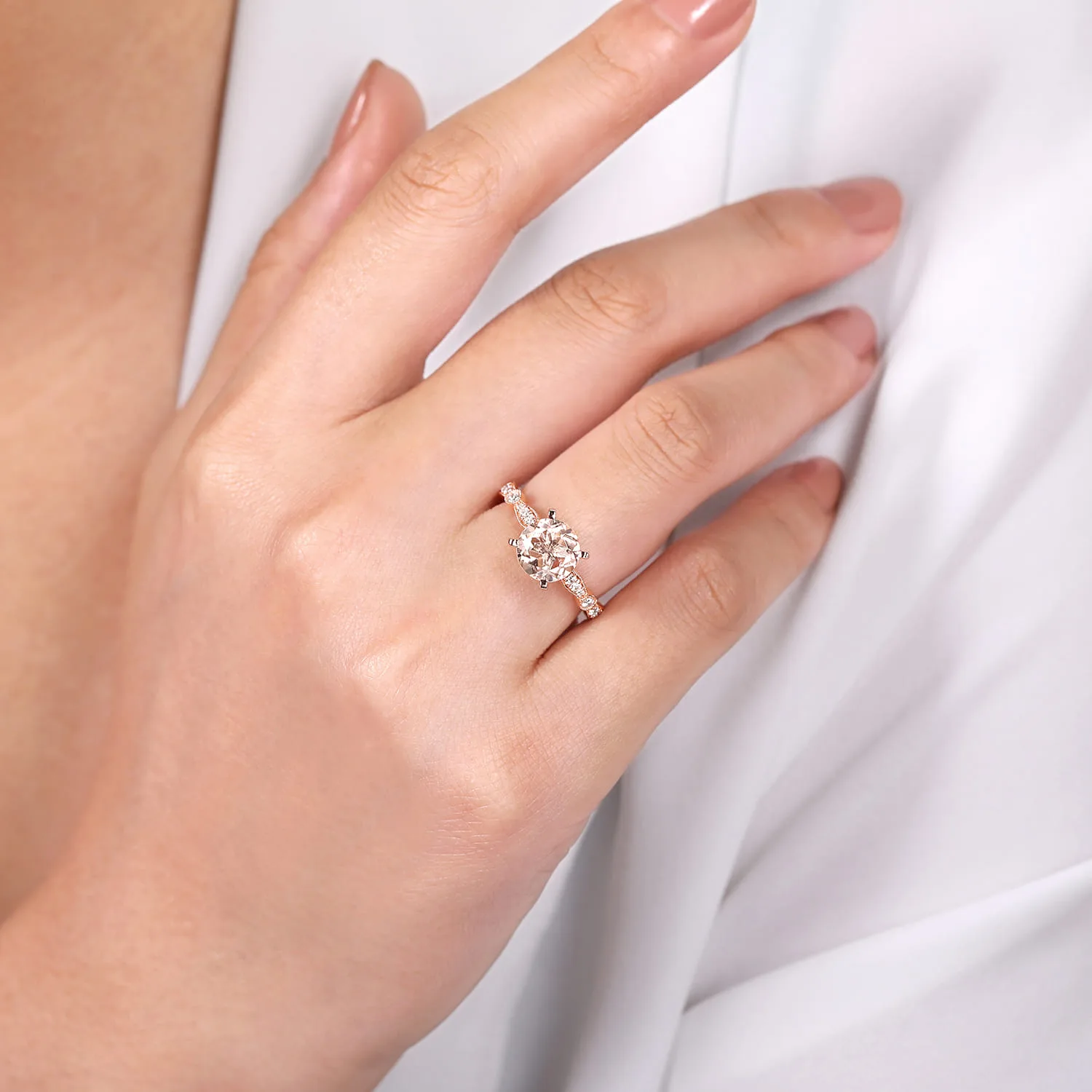 Vintage Inspired Round Morganite and Diamond Engagement Ring in 14K Rose Gold, photograph 6