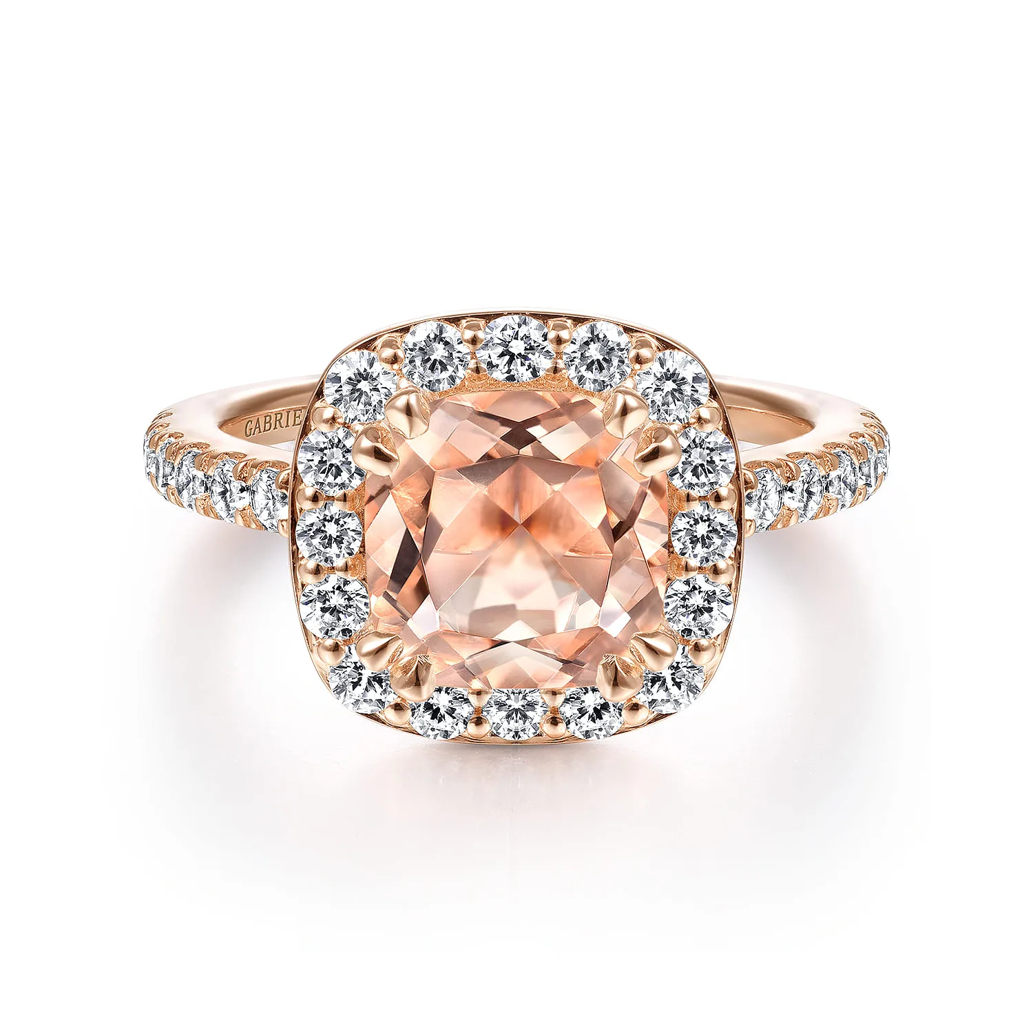 Cushion Morganite and Diamond Halo Engagement Ring in 14K Rose Gold