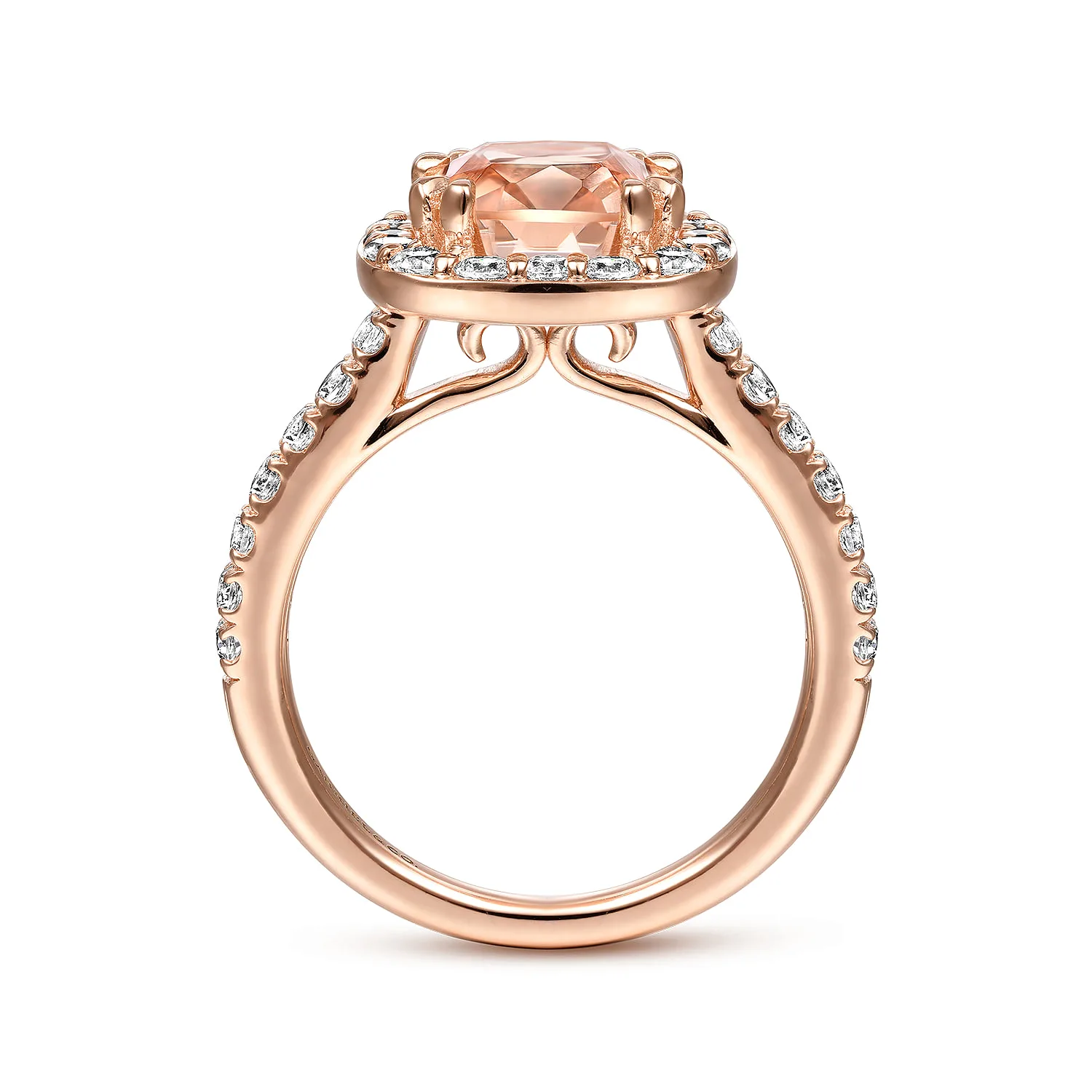 Cushion Morganite and Diamond Halo Engagement Ring in 14K Rose Gold, photograph 2
