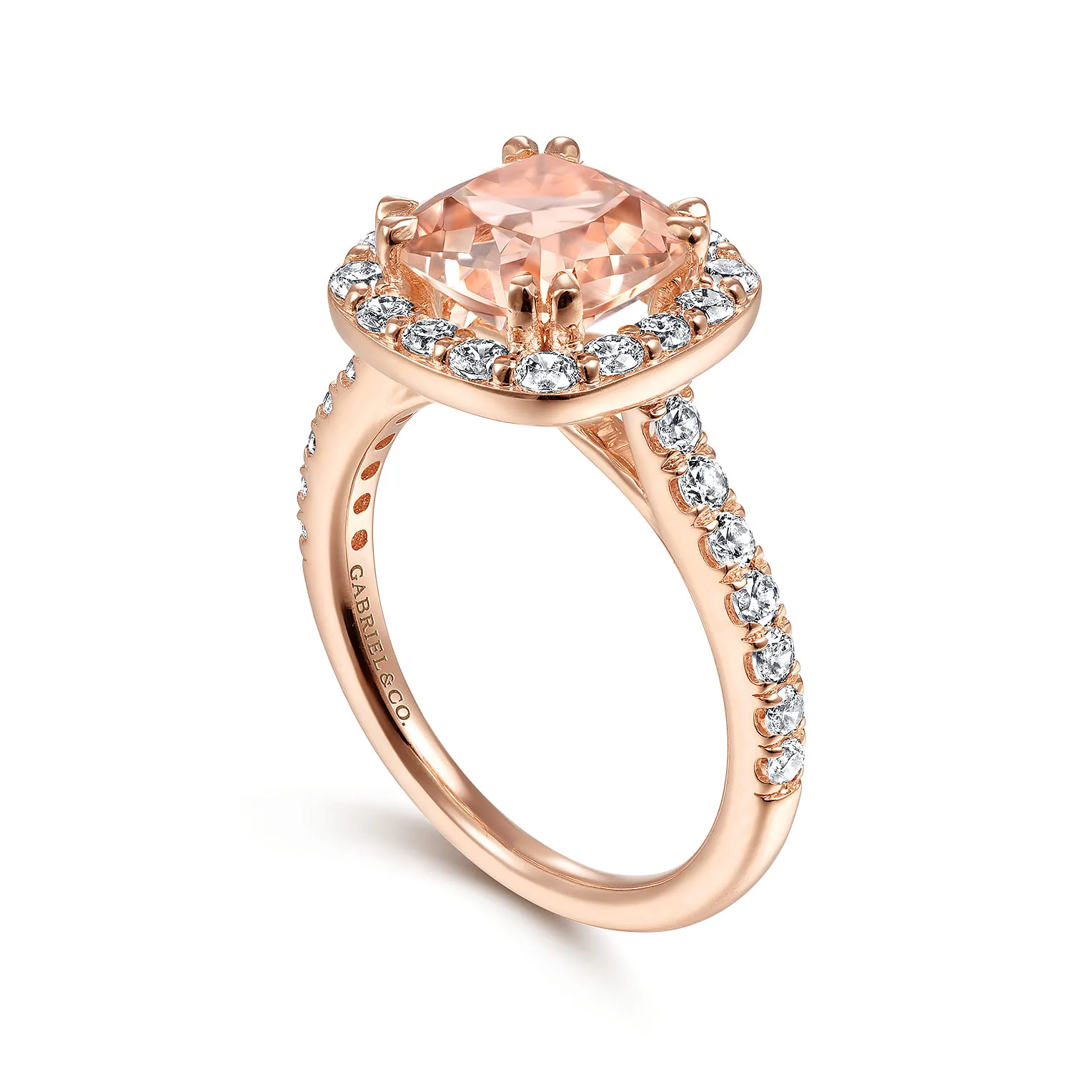 Cushion Morganite and Diamond Halo Engagement Ring in 14K Rose Gold, photograph 3