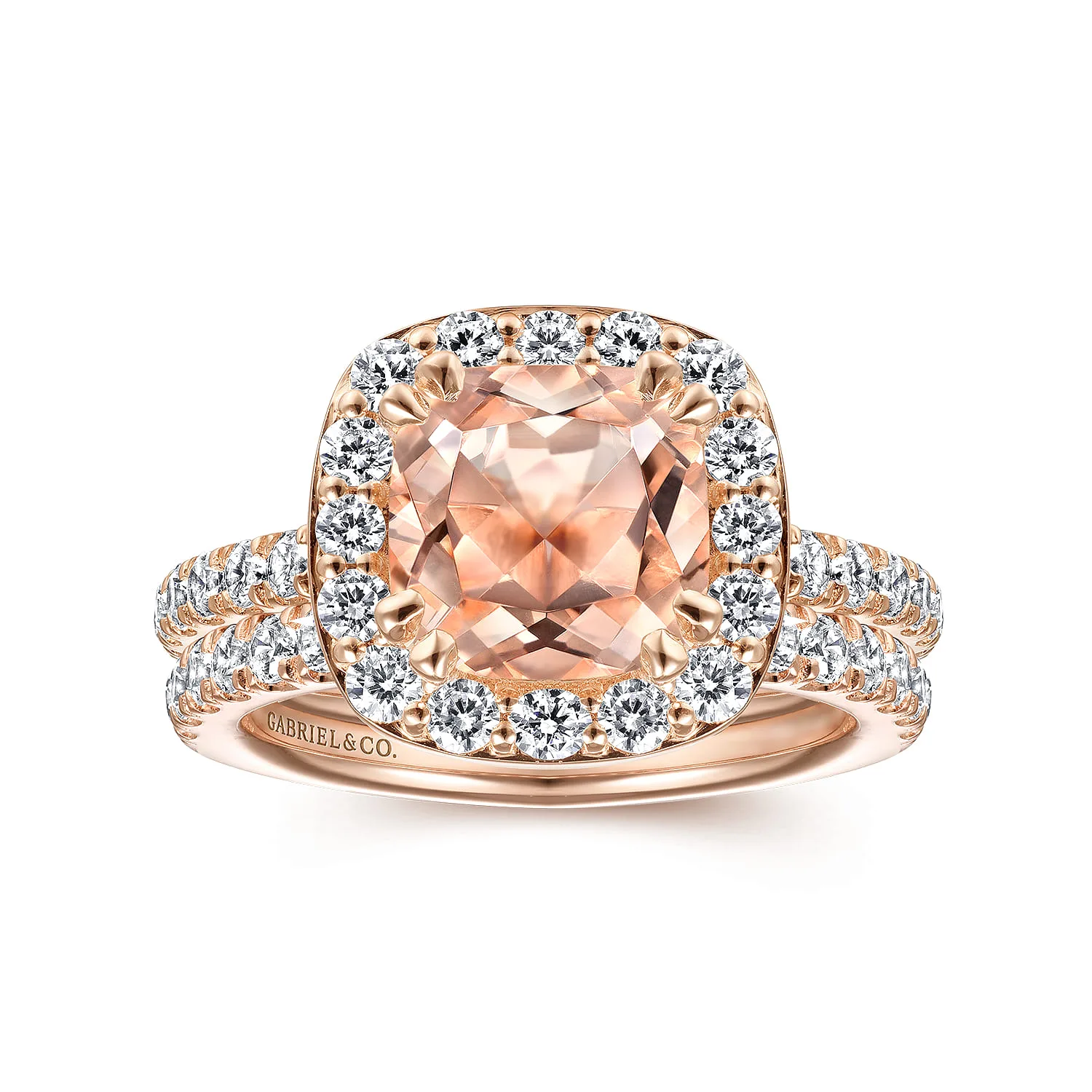 Cushion Morganite and Diamond Halo Engagement Ring in 14K Rose Gold, photograph 4