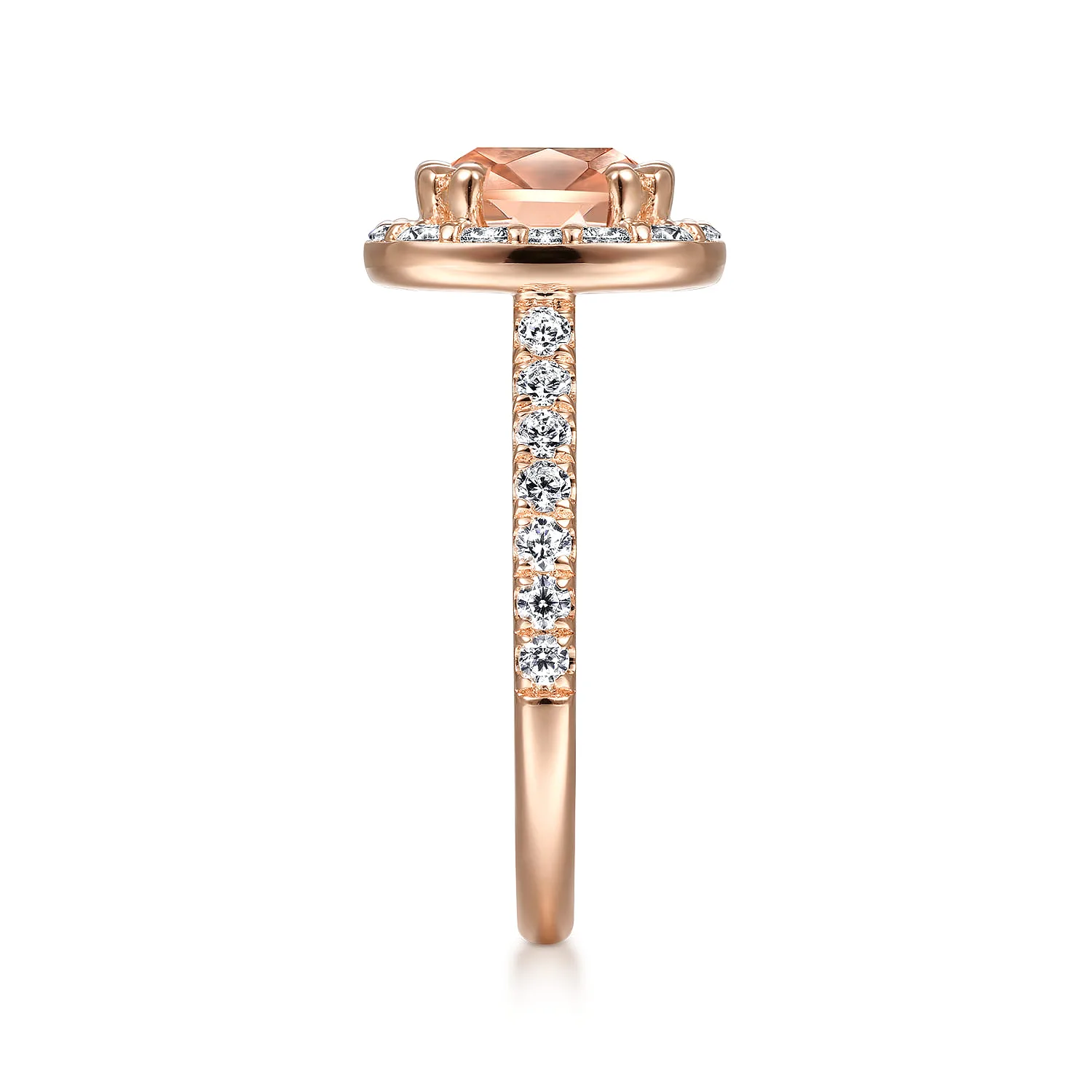 Cushion Morganite and Diamond Halo Engagement Ring in 14K Rose Gold, photograph 5