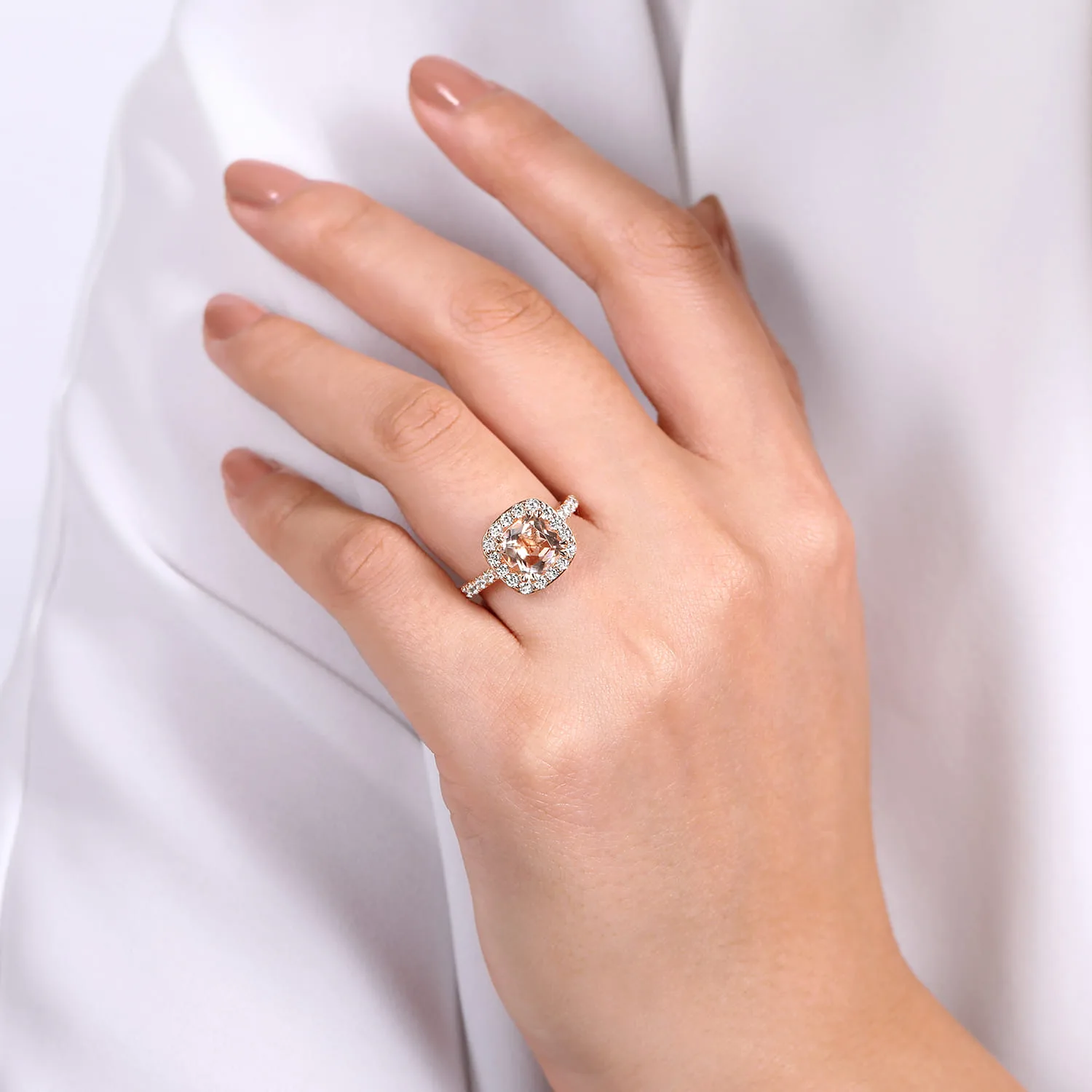 Cushion Morganite and Diamond Halo Engagement Ring in 14K Rose Gold, photograph 6