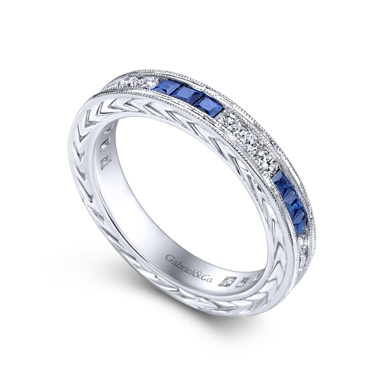 Princess Sapphire and Round Diamond Stackable Ring in 14K White Gold, photograph 3