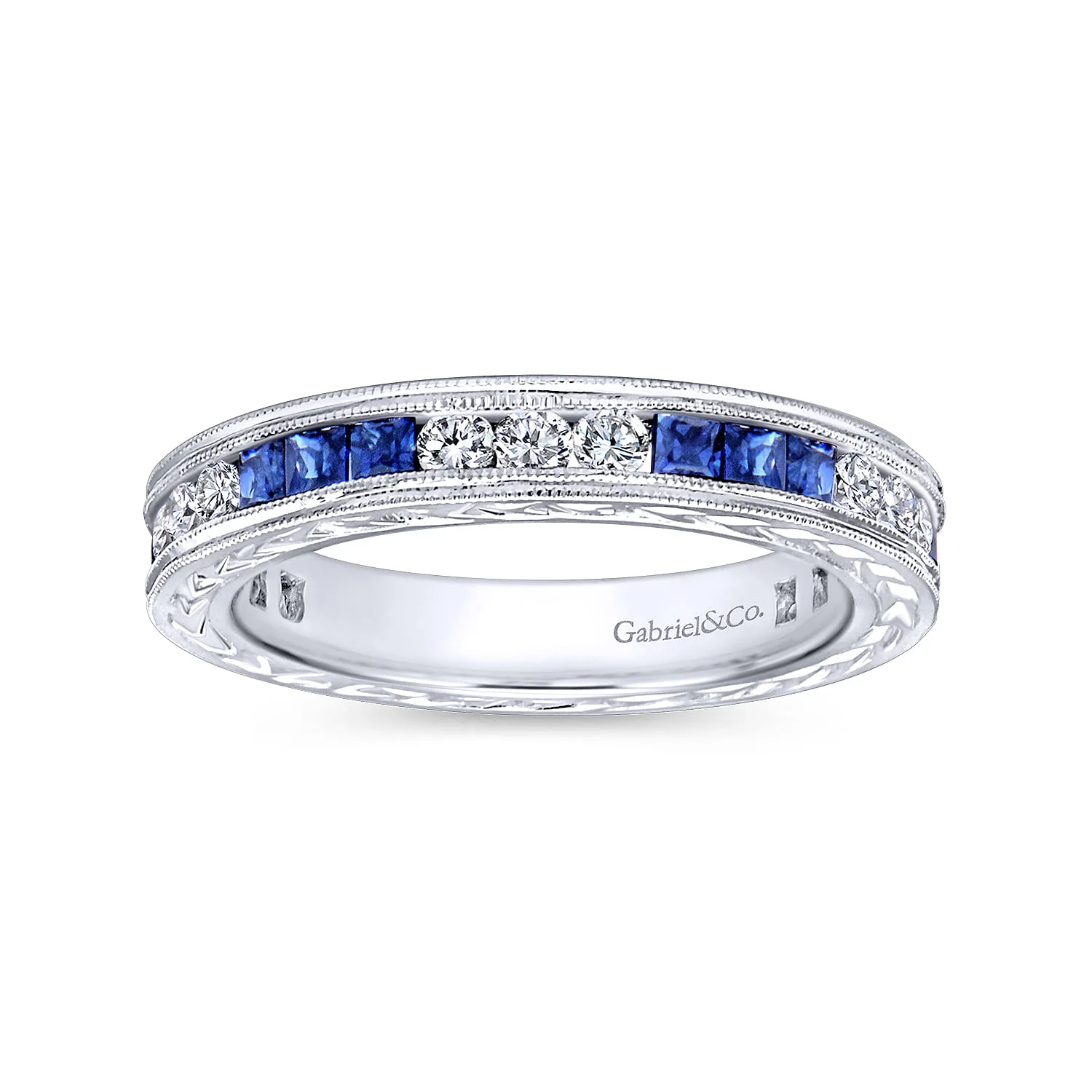 Princess Sapphire and Round Diamond Stackable Ring in 14K White Gold, photograph 4
