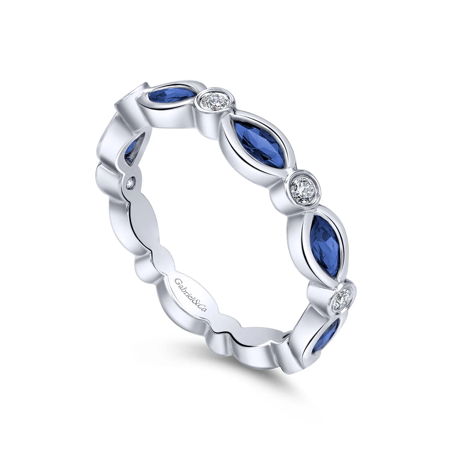 Marquise Sapphire and Round Diamond Stackable Ring in 14K White Gold, photograph 3