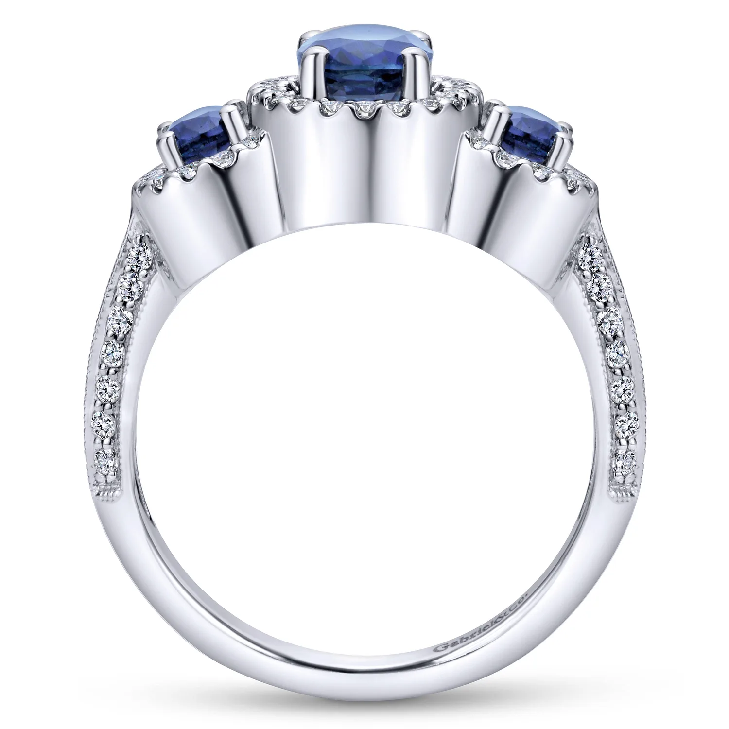 Three Row Halo Sapphire and Diamond Ring in 14K White Gold, photograph 2