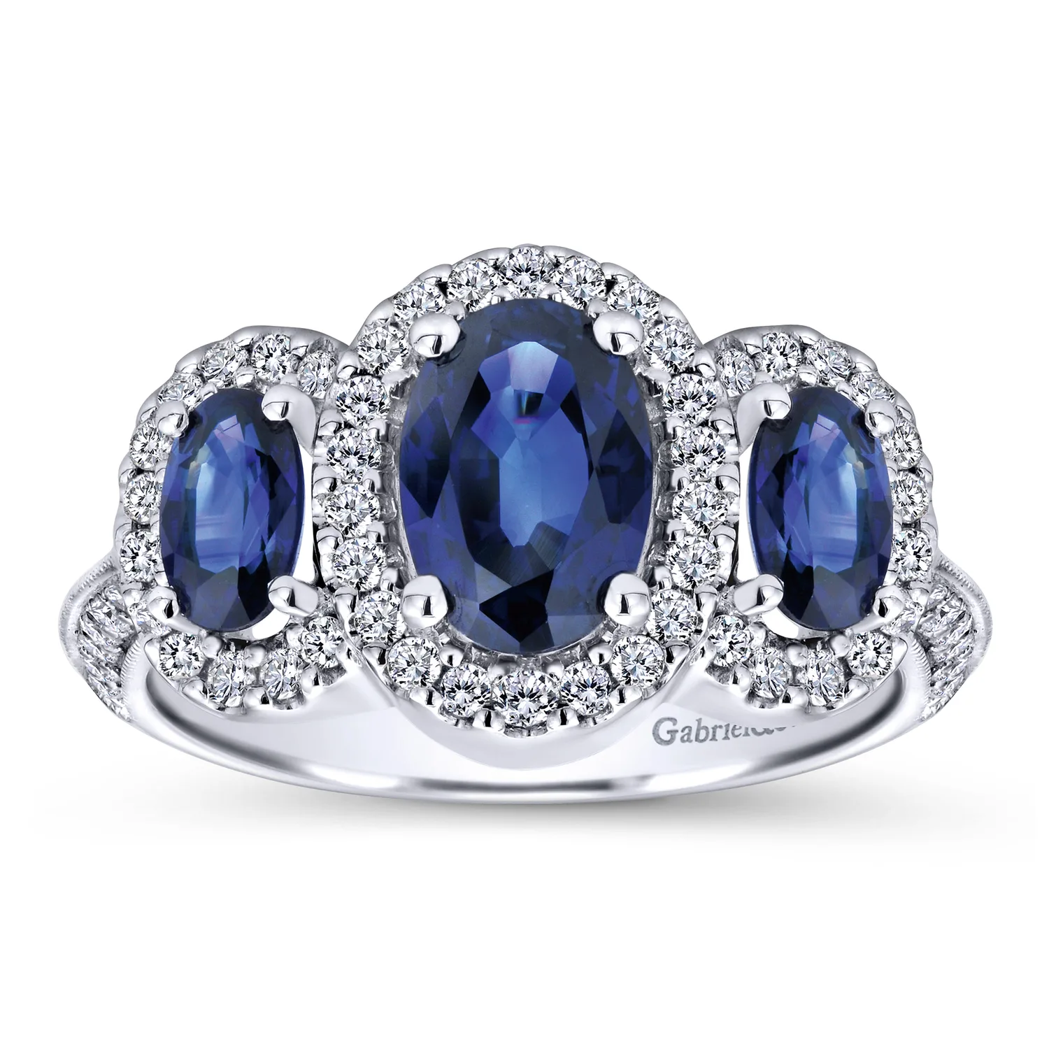 Three Row Halo Sapphire and Diamond Ring in 14K White Gold, photograph 4