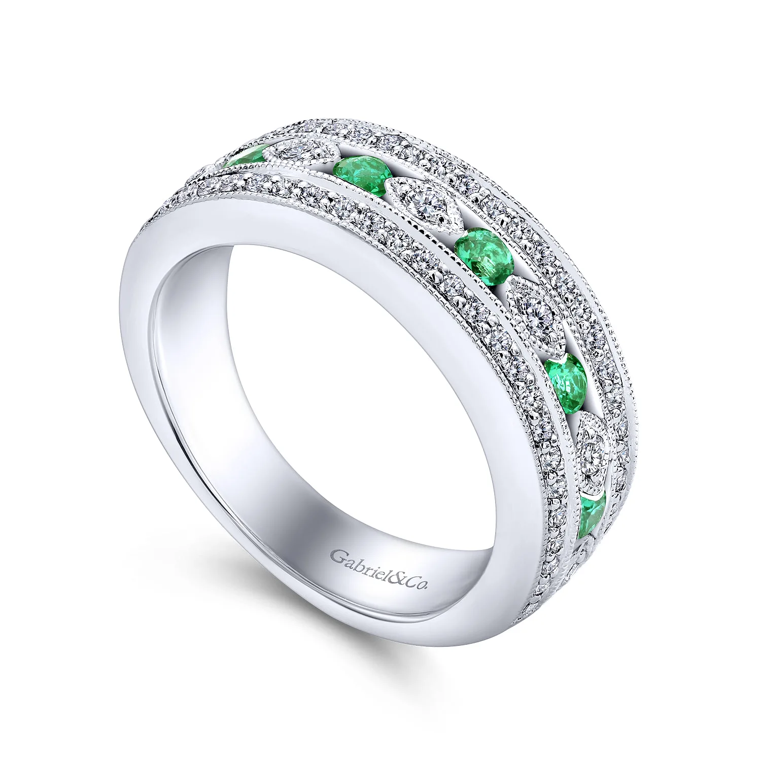 Vintage Inspired Emerald and Diamond Ring in 14K White Gold, photograph 3