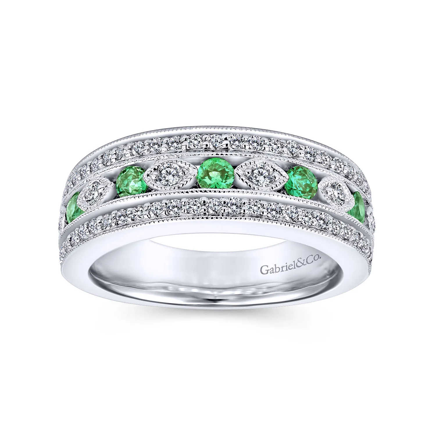 Vintage Inspired Emerald and Diamond Ring in 14K White Gold, photograph 4