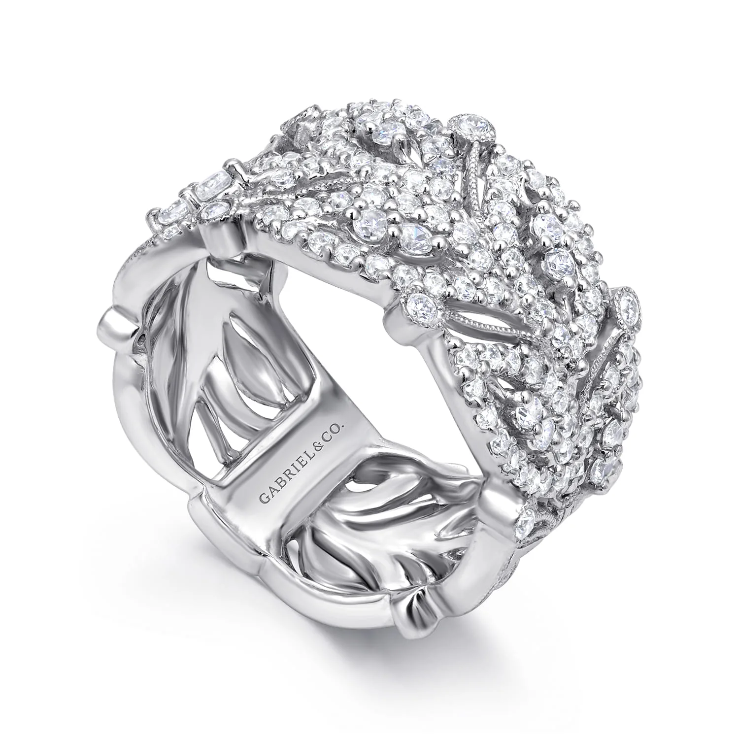 Wide Diamond Leaf Statement Ring in 14K White Gold, photograph 3