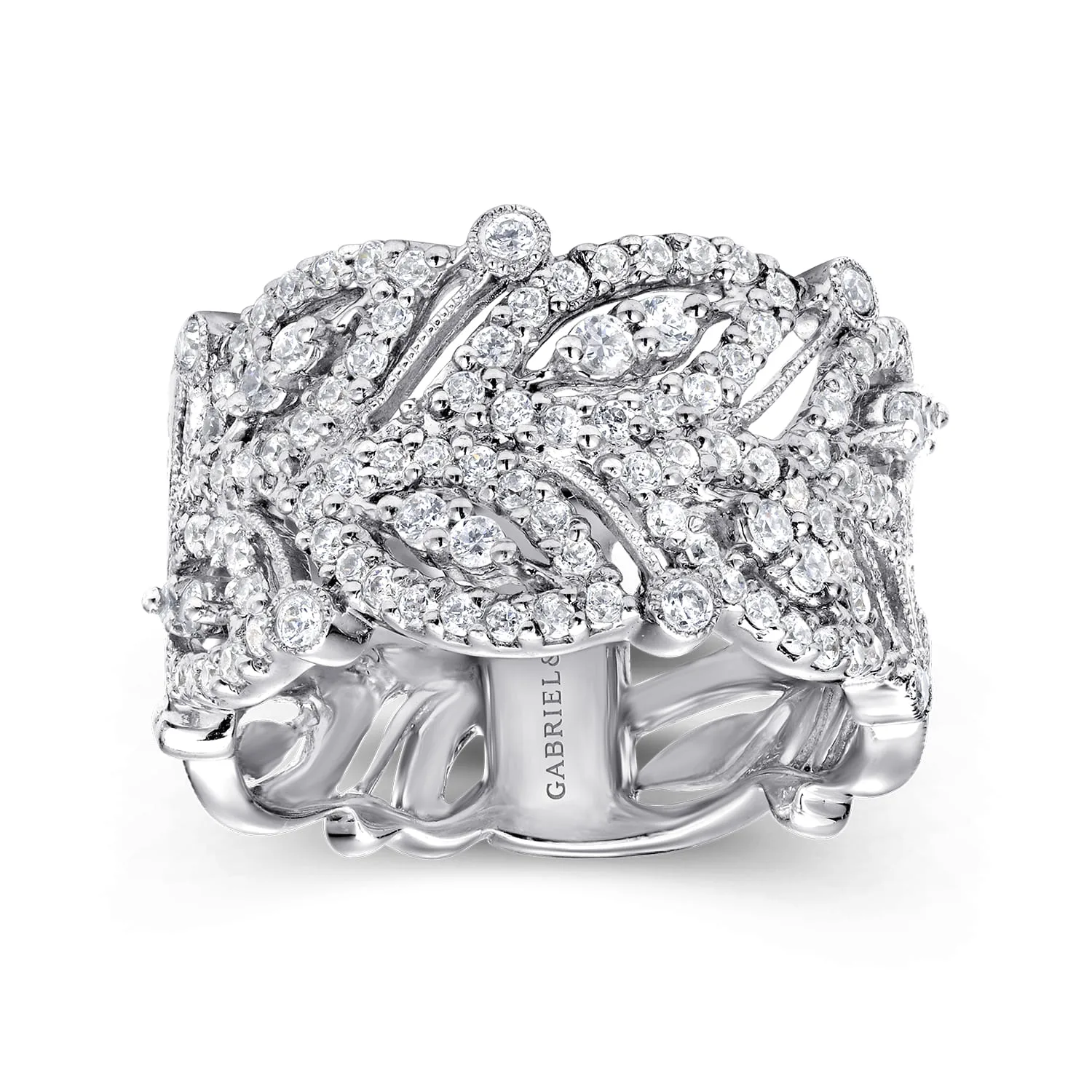 Wide Diamond Leaf Statement Ring in 14K White Gold, photograph 4