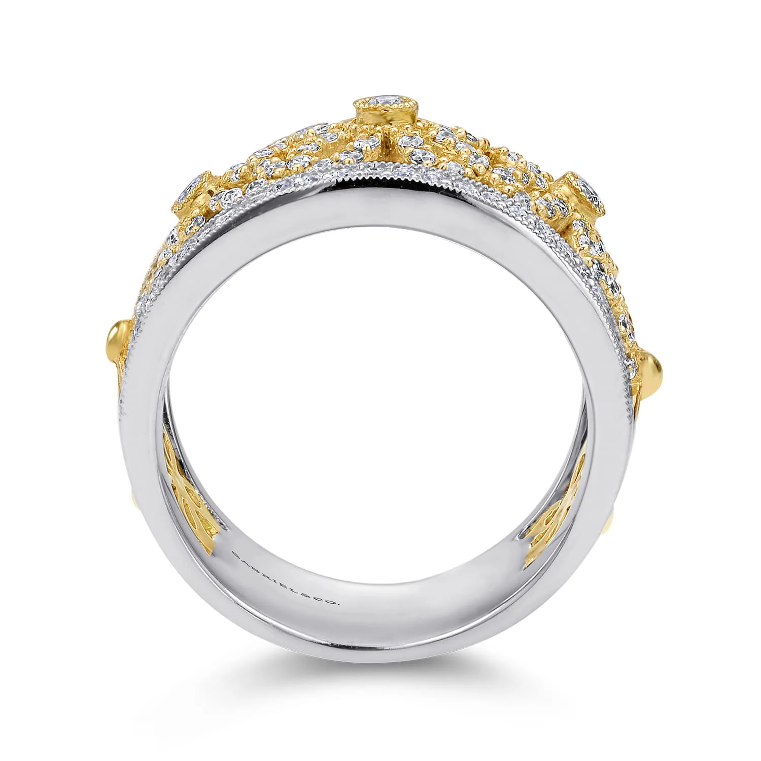 Floral Openwork Wide Band Diamond Ring in 14K White/Yellow Gold, photograph 2