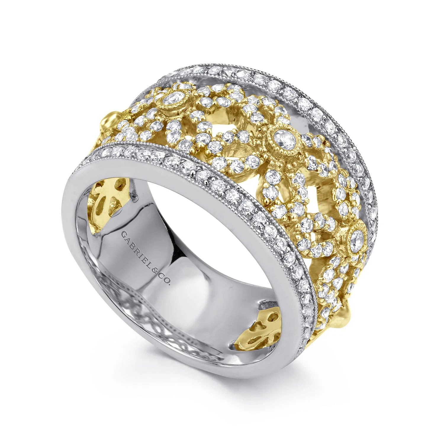 Floral Openwork Wide Band Diamond Ring in 14K White/Yellow Gold, photograph 3