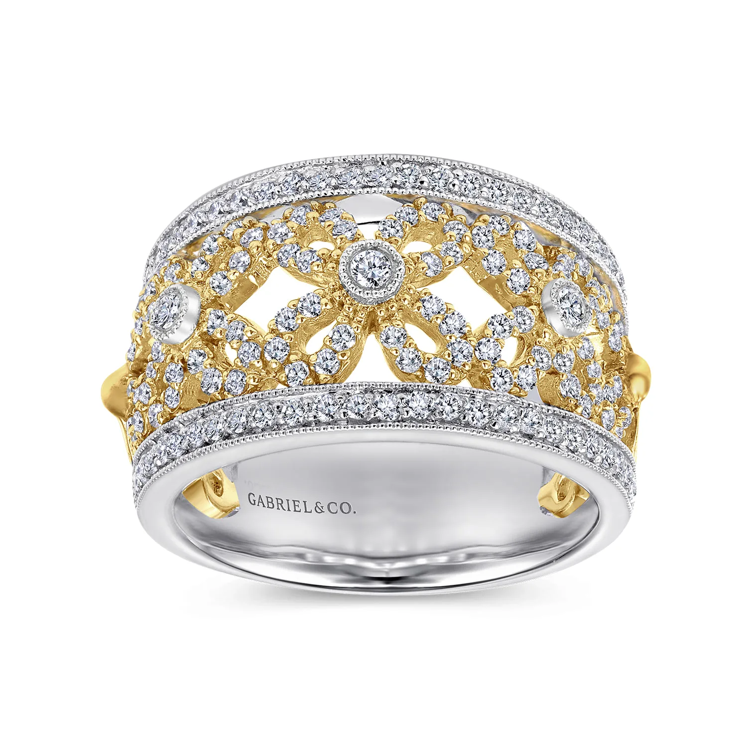 Floral Openwork Wide Band Diamond Ring in 14K White/Yellow Gold, photograph 4