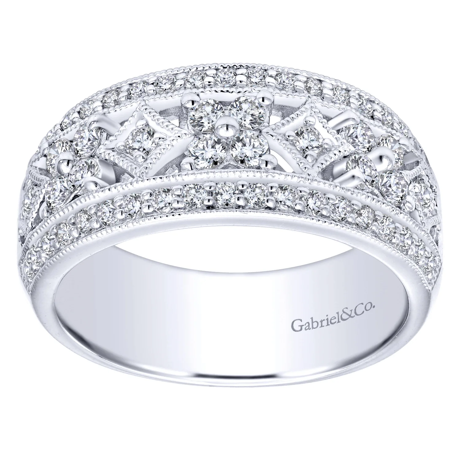 Vintage Diamond Openwork Wide Band Ring in 14K White Gold, photograph 4