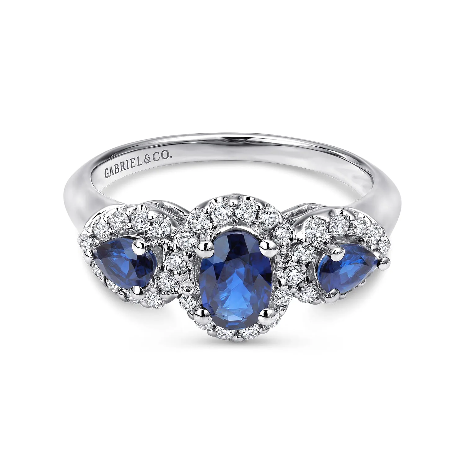 3 Stone Sapphire and Pave Diamond Halo Ring