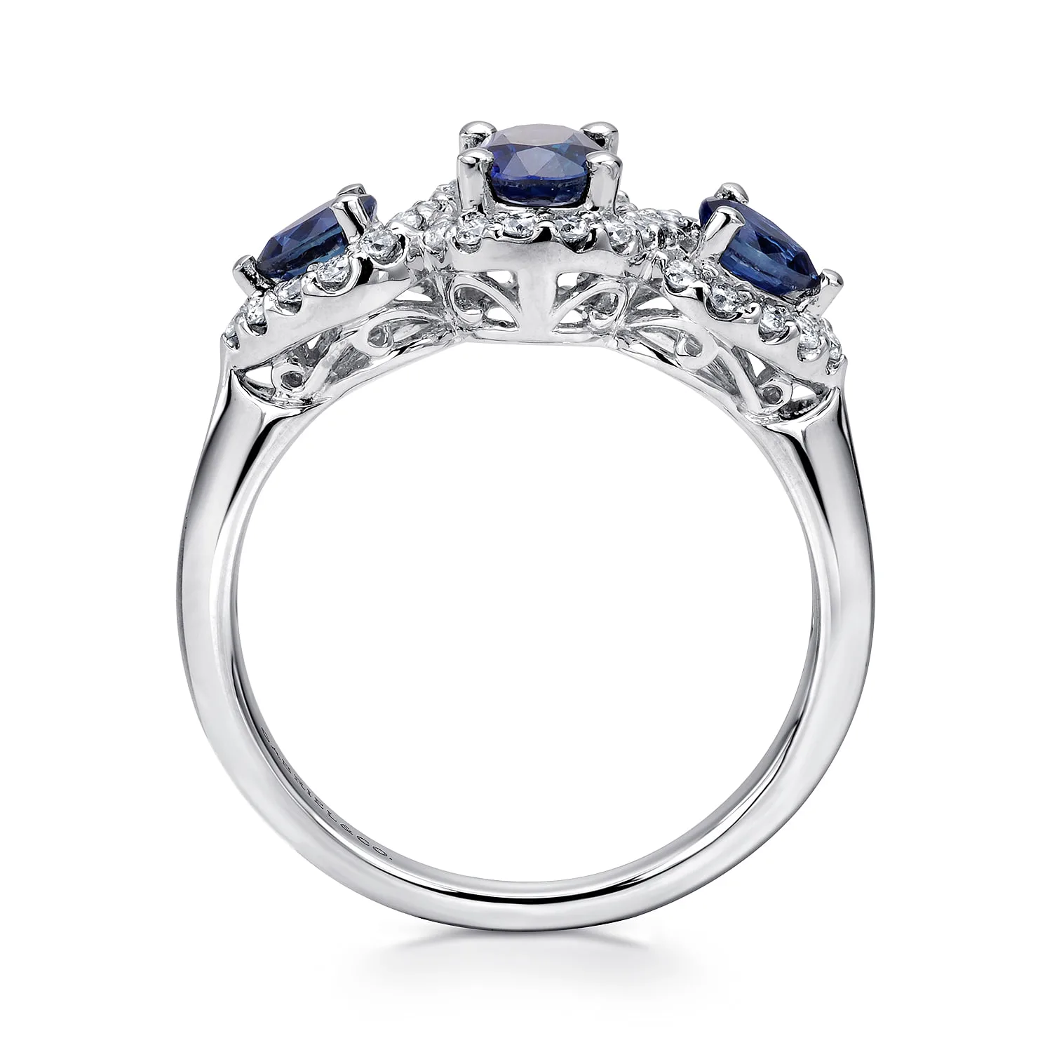 3 Stone Sapphire and Pave Diamond Halo Ring in 14K White Gold, photograph 2