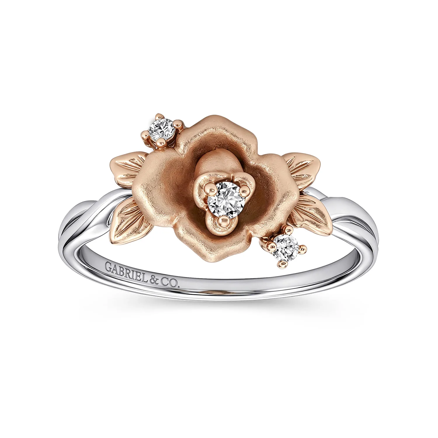 Classic Floral Twisted Diamond Ring in 14K White/Rose Gold, photograph 4