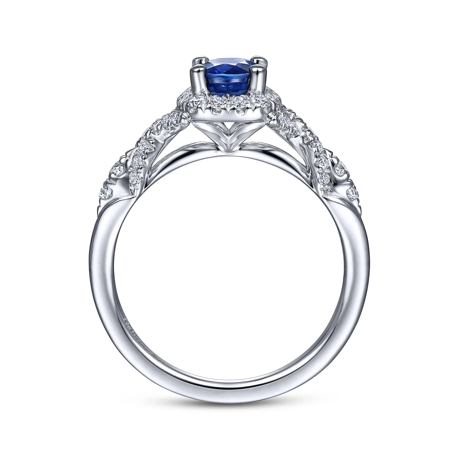 Oval Sapphire and Diamond Halo Ring in 14K White Gold, photograph 2