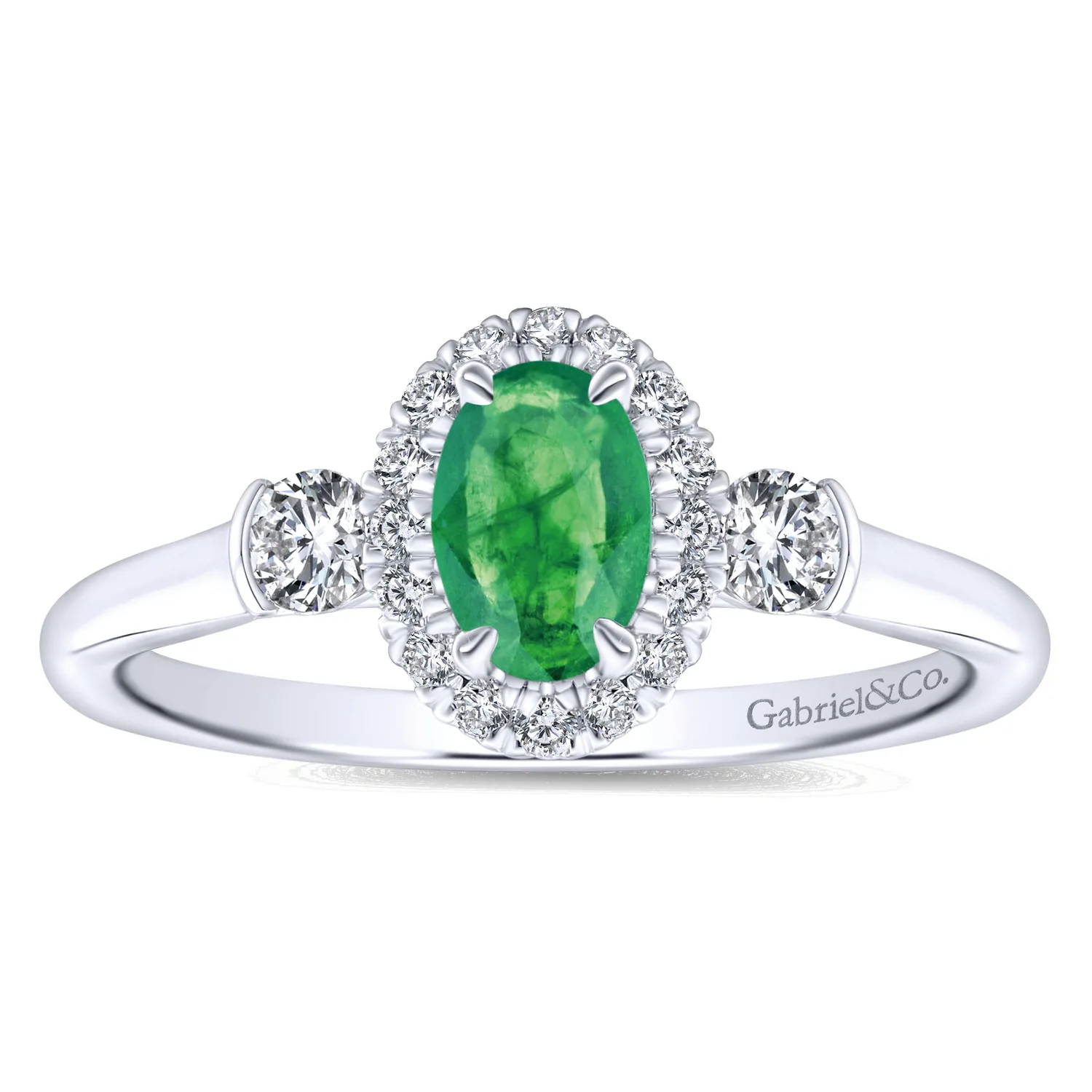 Oval Emerald and Diamond Halo Three Stone Ring in 14K White Gold, photograph 4
