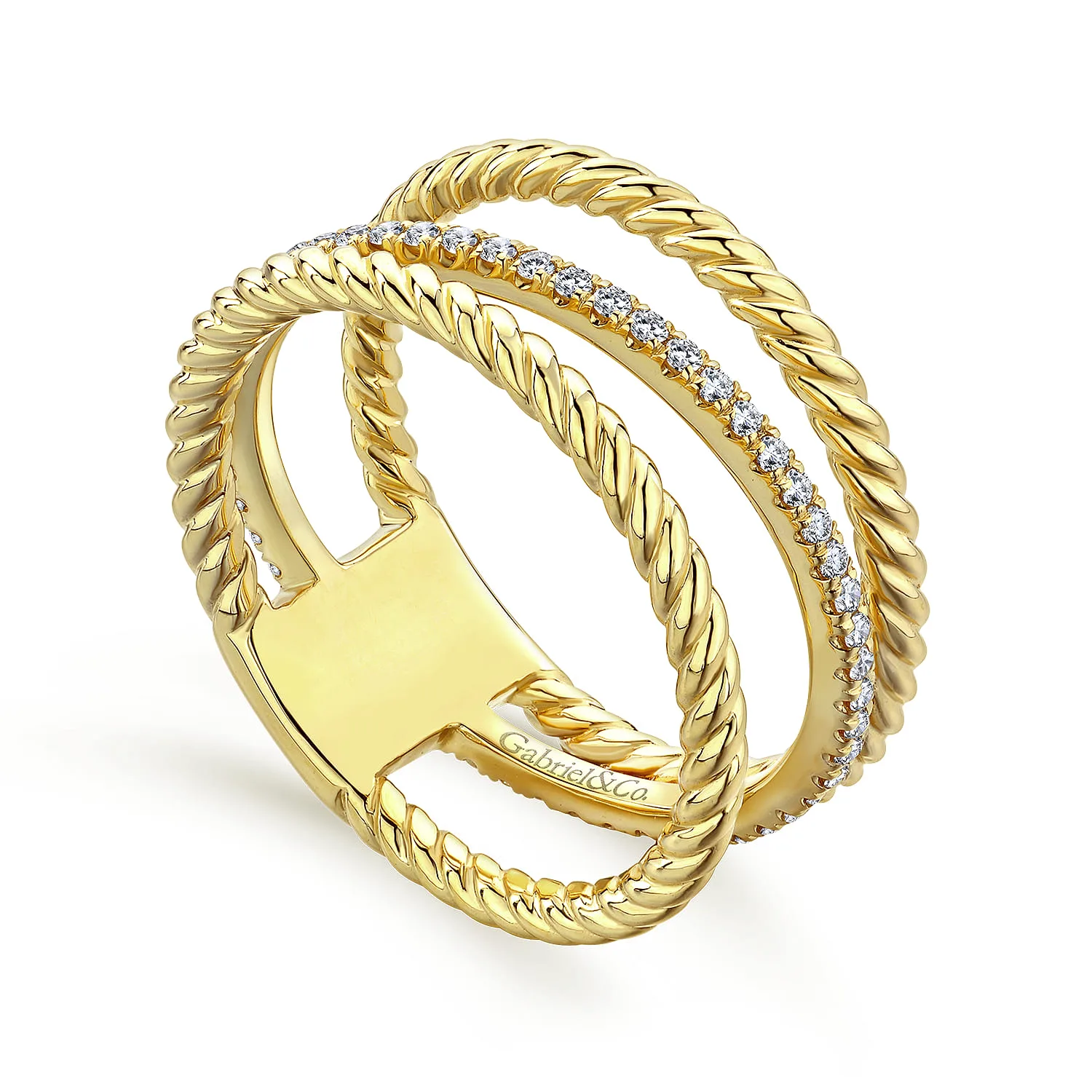 Three Row Twisted Rope and Diamond Band Open Ring in 14K Yellow Gold, photograph 3