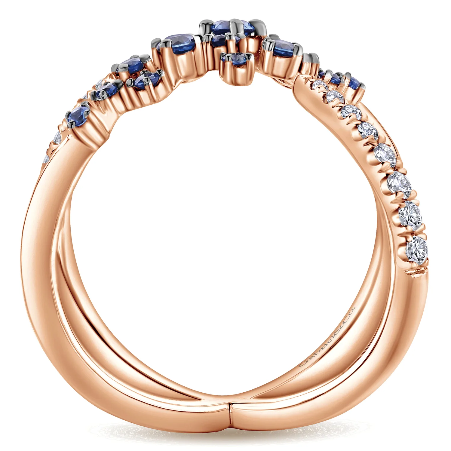 Modern Scattered Sapphire and Diamond Open Ring in 14K Rose Gold, photograph 2