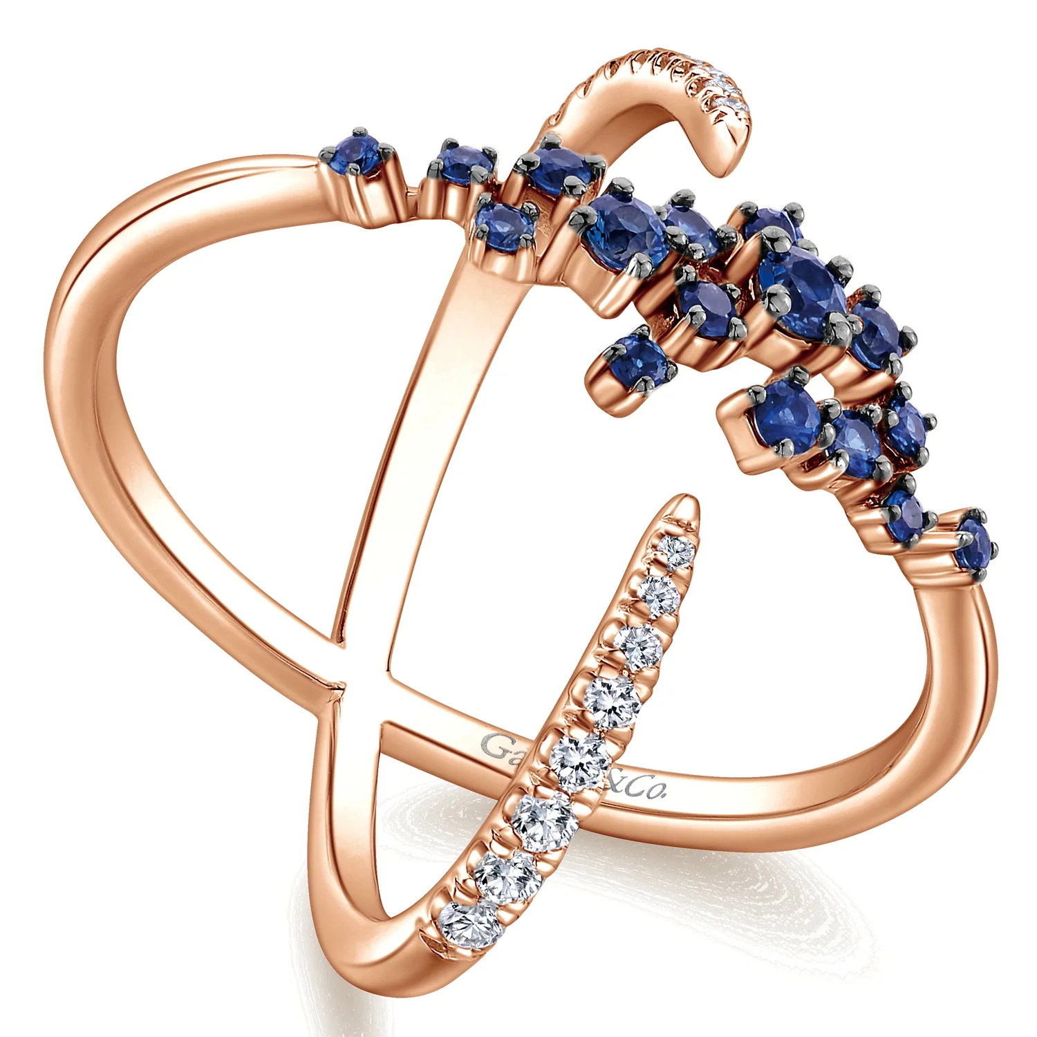 Modern Scattered Sapphire and Diamond Open Ring in 14K Rose Gold, photograph 3
