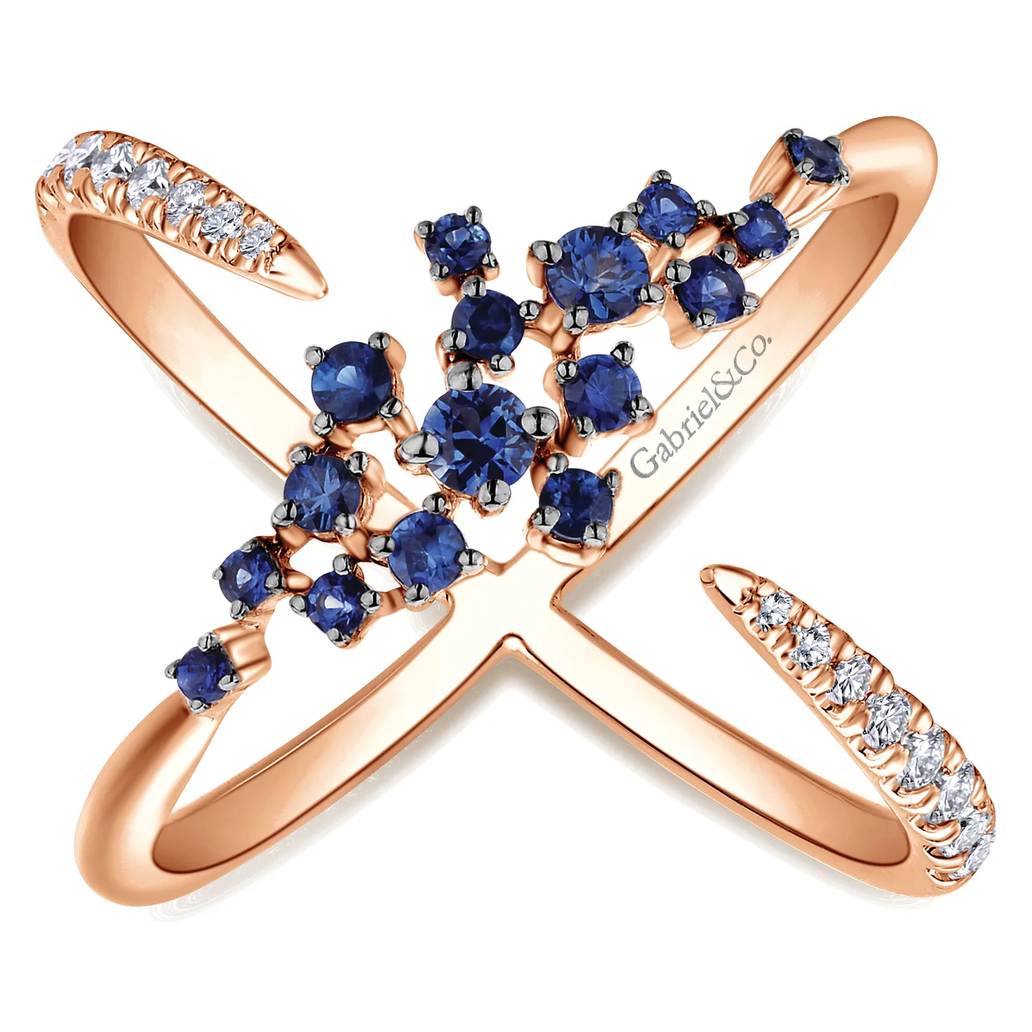 Modern Scattered Sapphire and Diamond Open Ring in 14K Rose Gold, photograph 4