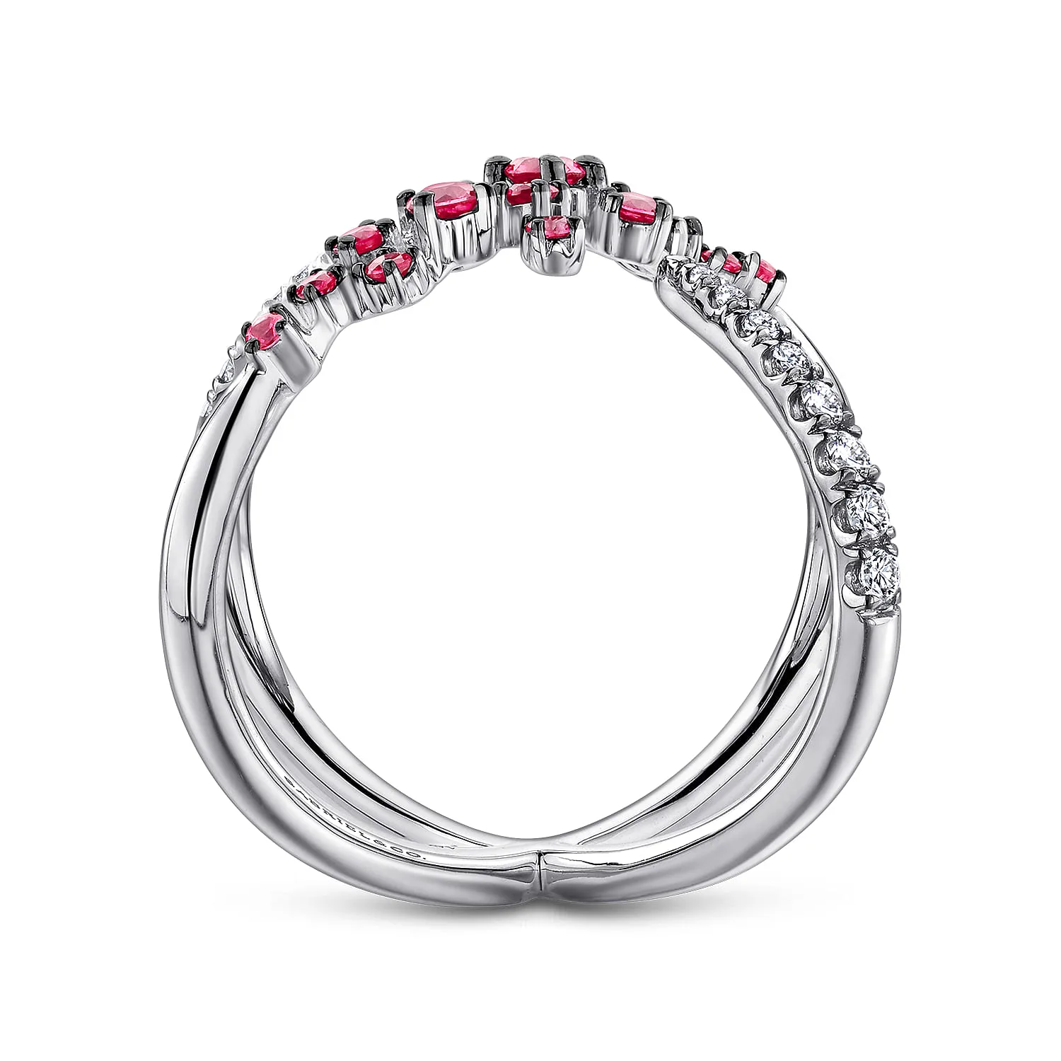 Modern Scattered Ruby and Diamond Open Ring in 14K White Gold, photograph 2