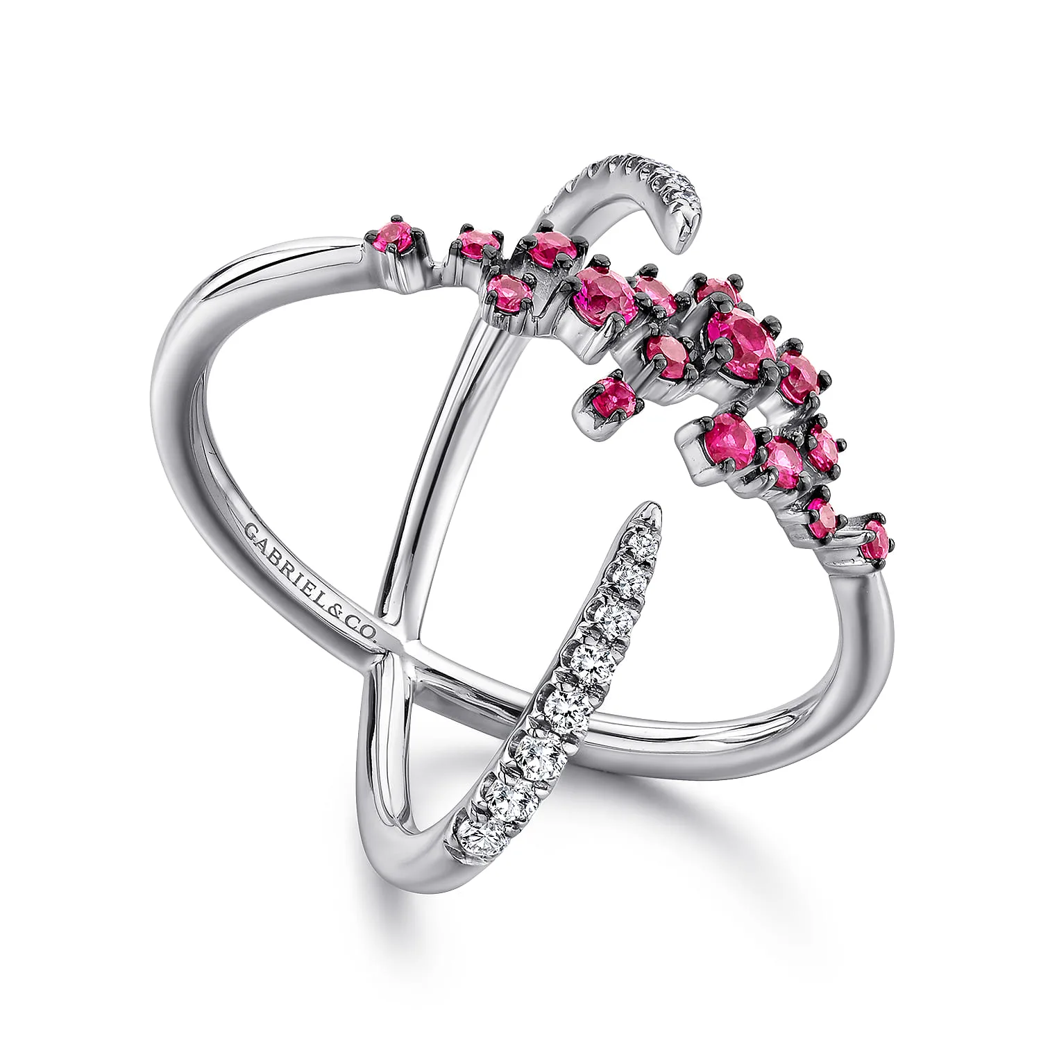 Modern Scattered Ruby and Diamond Open Ring in 14K White Gold, photograph 3