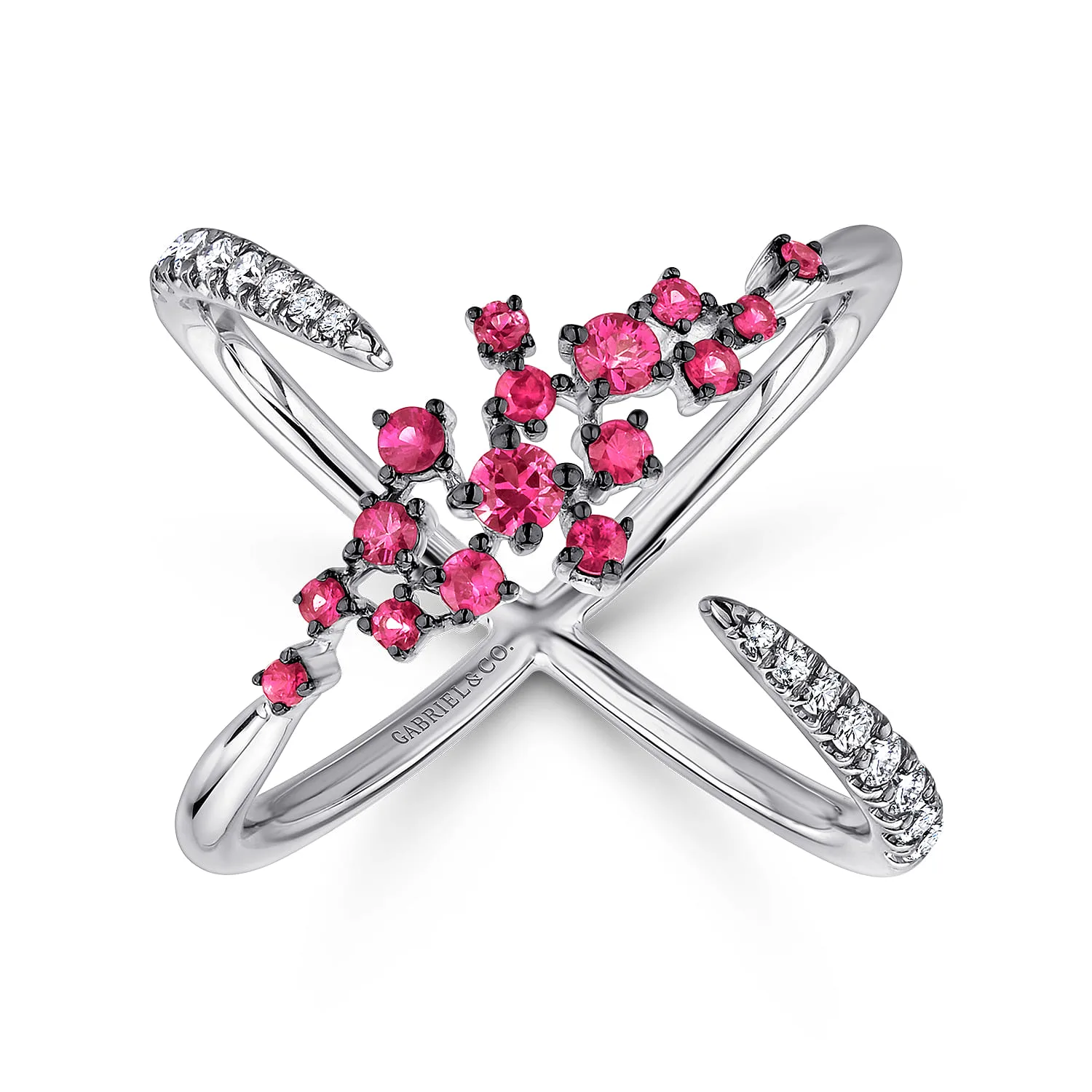 Modern Scattered Ruby and Diamond Open Ring in 14K White Gold, photograph 4