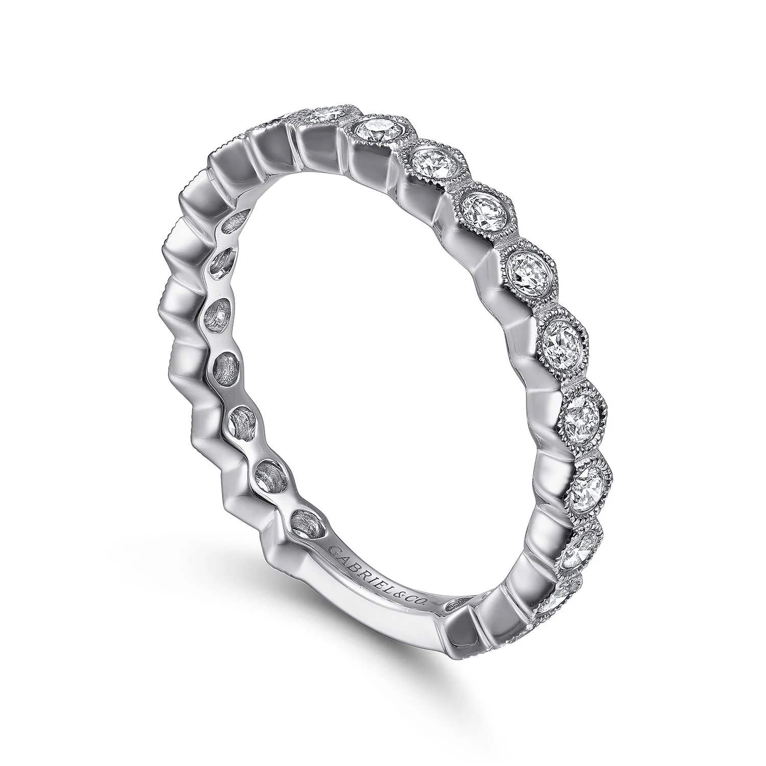 Hexagonal Station Stackable Diamond Ring in 14K White Gold, photograph 3