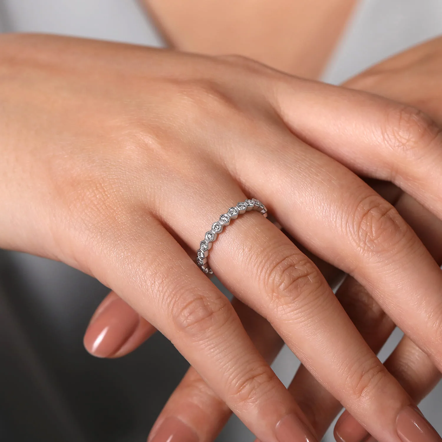 Hexagonal Station Stackable Diamond Ring in 14K White Gold, photograph 5