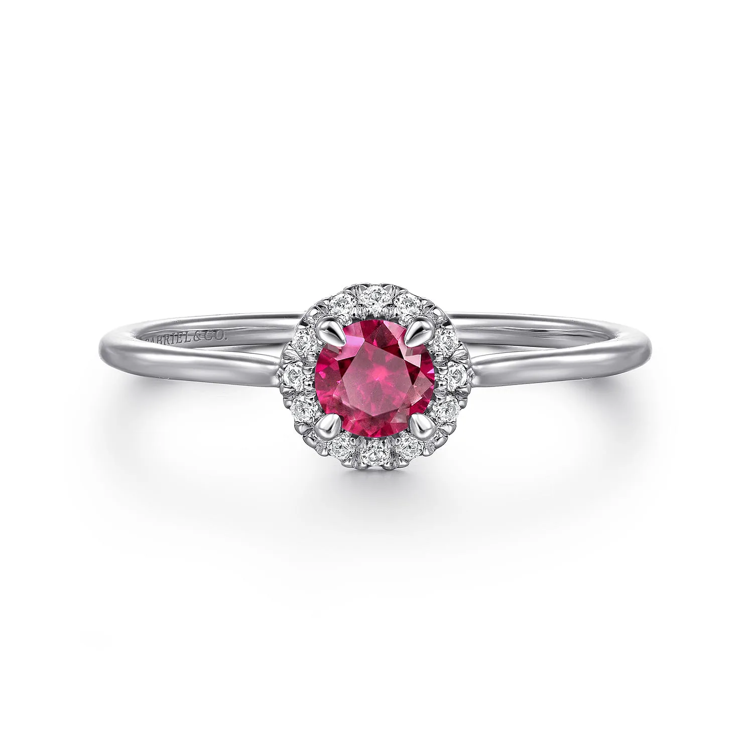 Ruby and Diamond Halo Promise Ring in 14K White Gold
