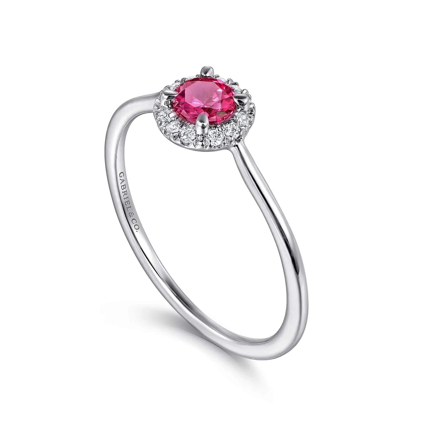 Ruby and Diamond Halo Promise Ring in 14K White Gold, photograph 3