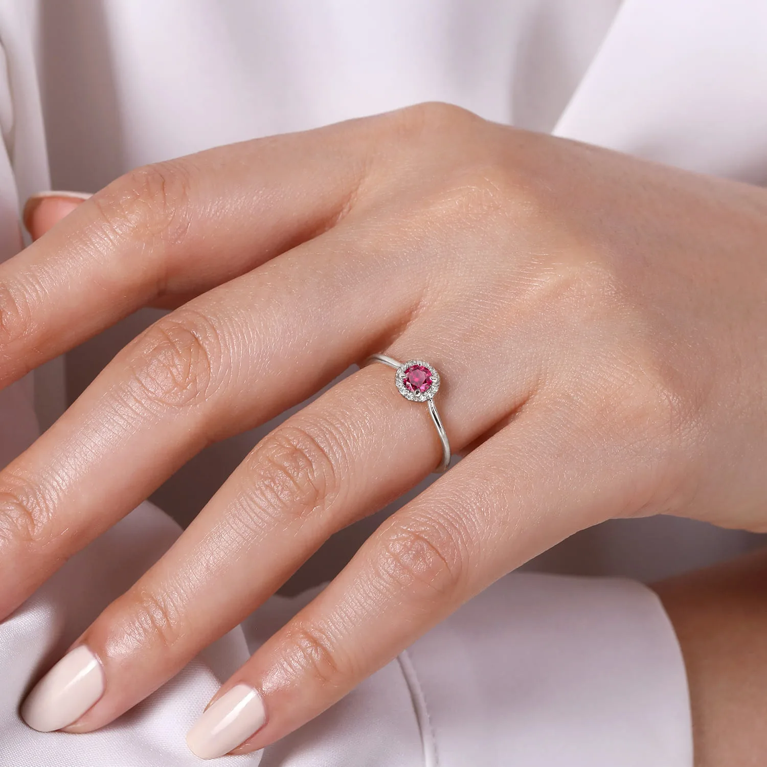 Ruby and Diamond Halo Promise Ring in 14K White Gold, photograph 5