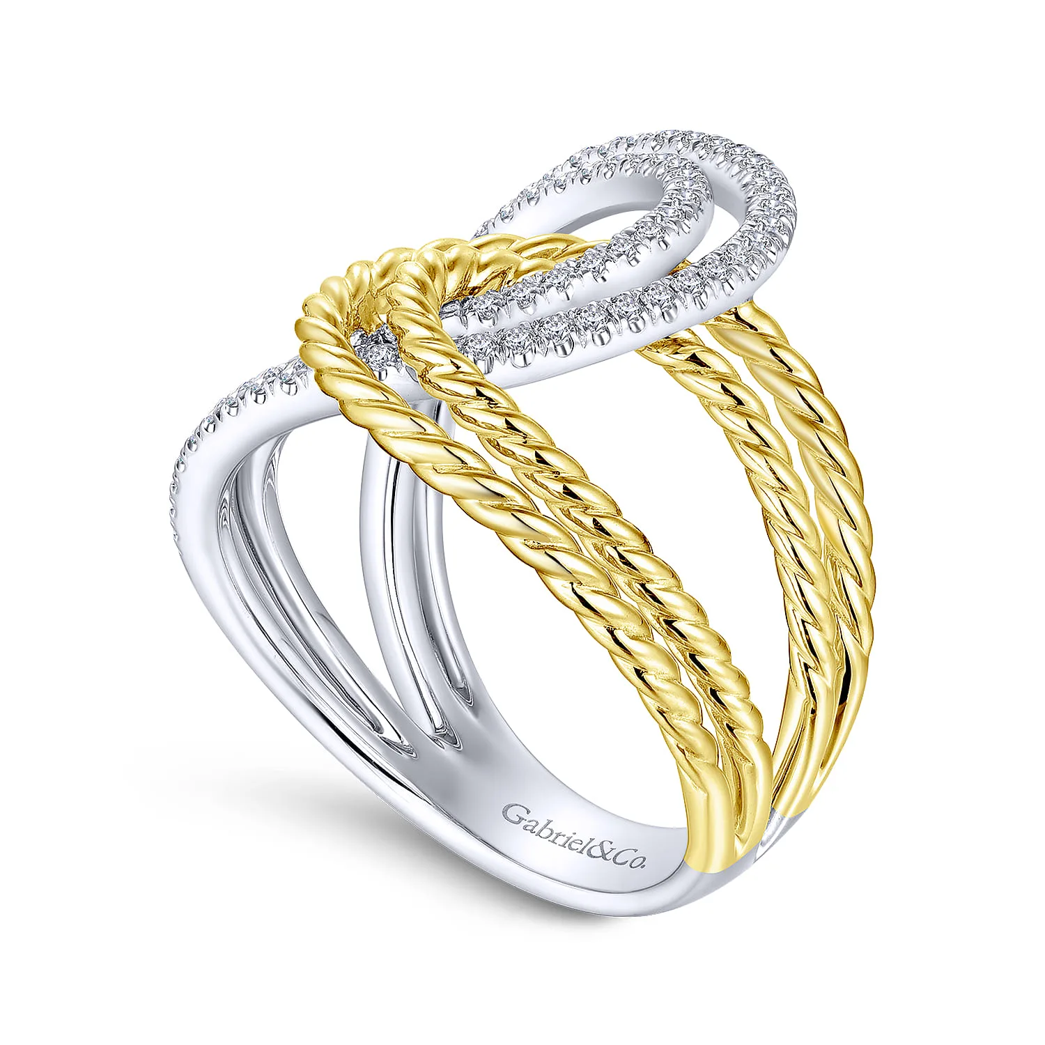 Interlocking Loops Wide Band Diamond Ring in 14K White/Yellow Gold, photograph 3
