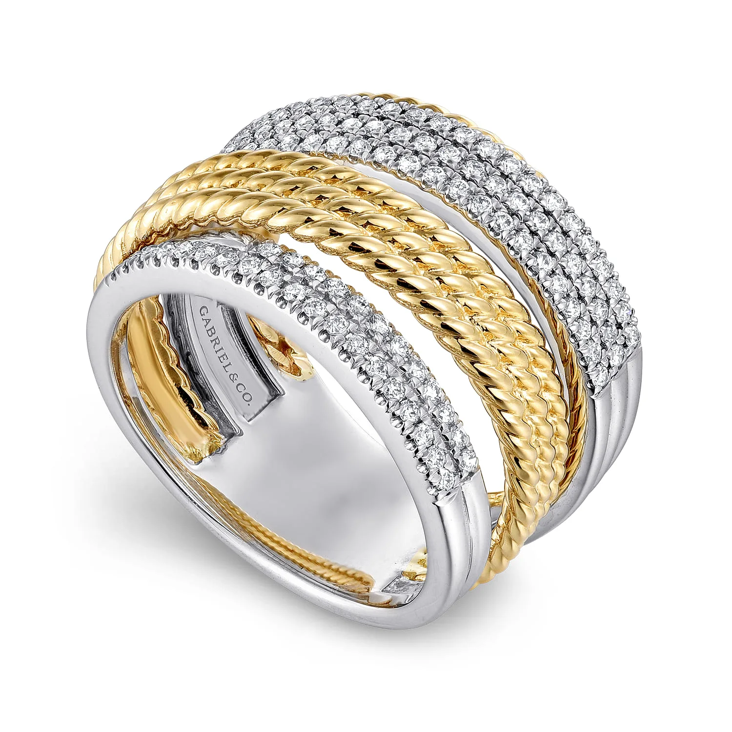 Multi Row Diamond and Twisted Rope Ring in 14K White/Yellow Gold, photograph 3
