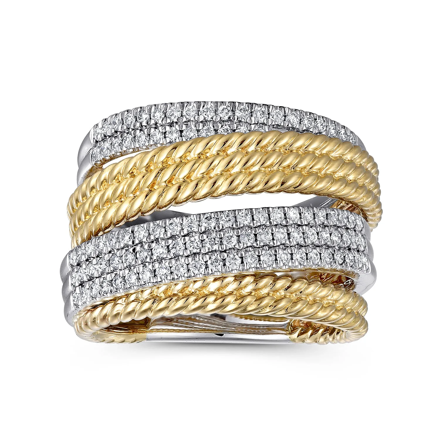Multi Row Diamond and Twisted Rope Ring in 14K White/Yellow Gold, photograph 4