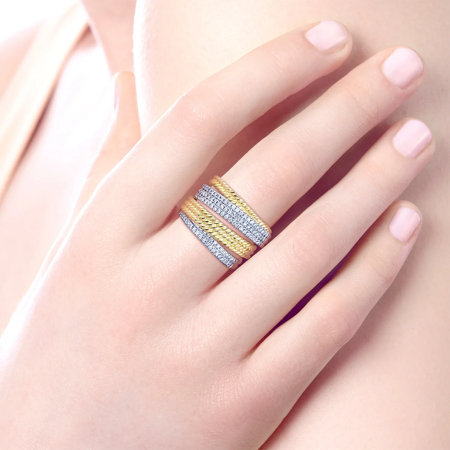 Multi Row Diamond and Twisted Rope Ring in 14K White/Yellow Gold, photograph 5