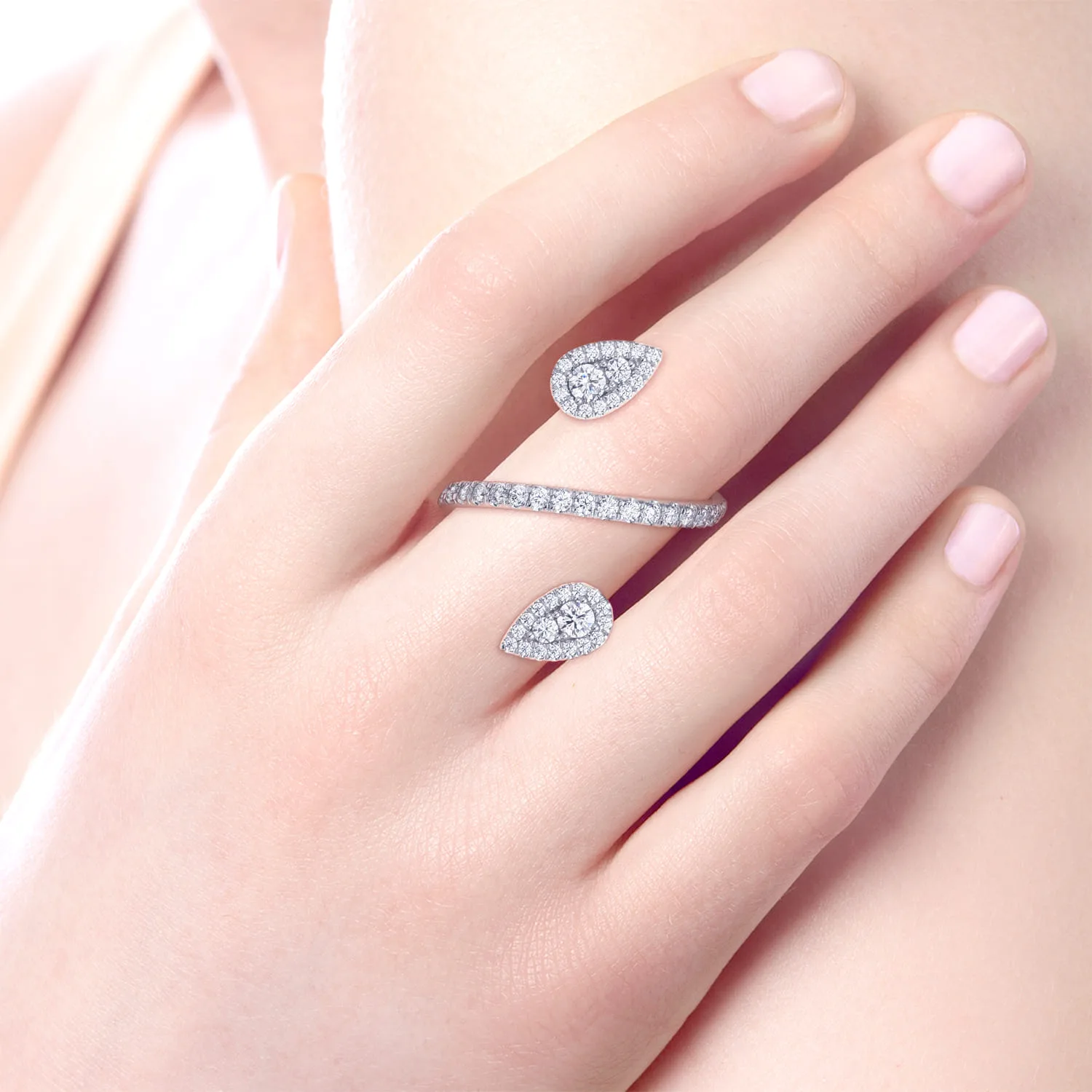 Diamond Pave Teardrops Wrap Ring in 14K White Gold, photograph 5