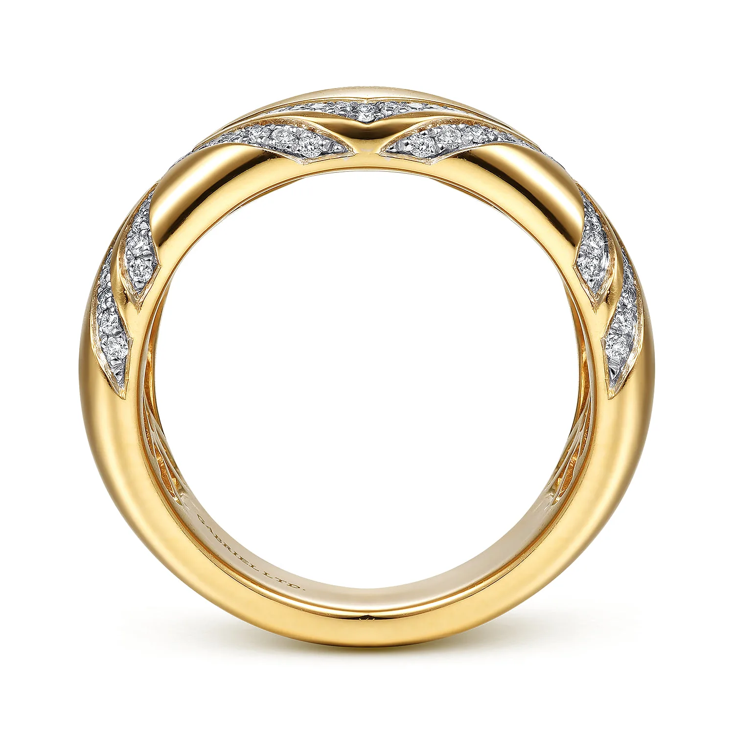 Wide Diamond Ring with Diamond Criss Crossing Rows in 18K Yellow Gold, photograph 2