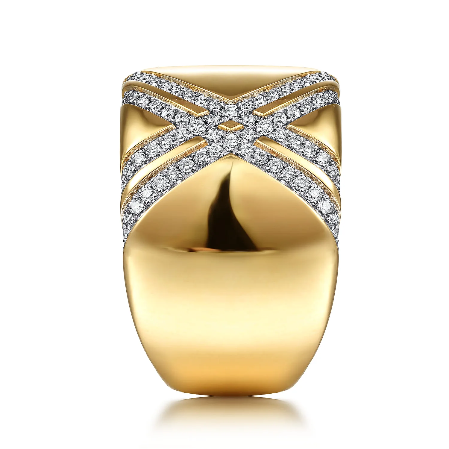 Wide Diamond Ring with Diamond Criss Crossing Rows in 18K Yellow Gold, photograph 4