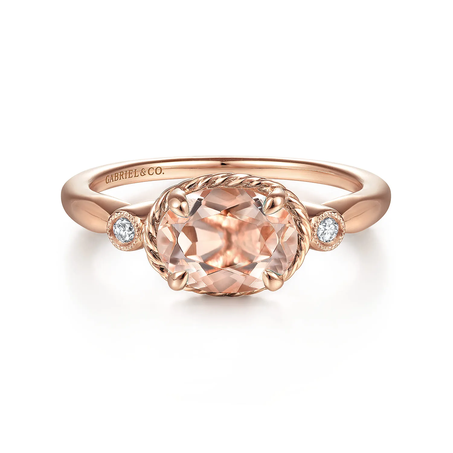 Horizontal Oval Morganite and Diamond Three Stone Ring