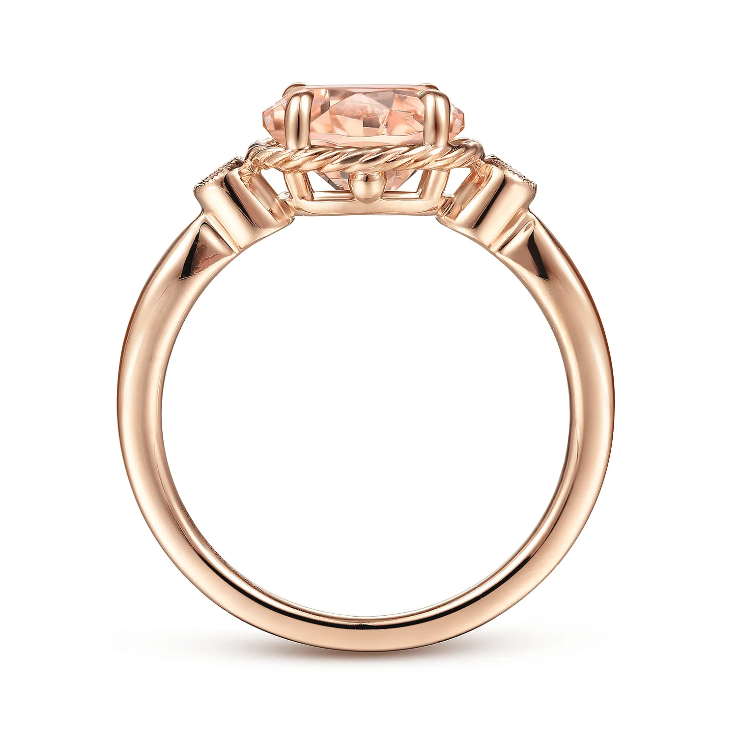Horizontal Oval Morganite and Diamond Three Stone Ring in 14K Rose Gold, photograph 2