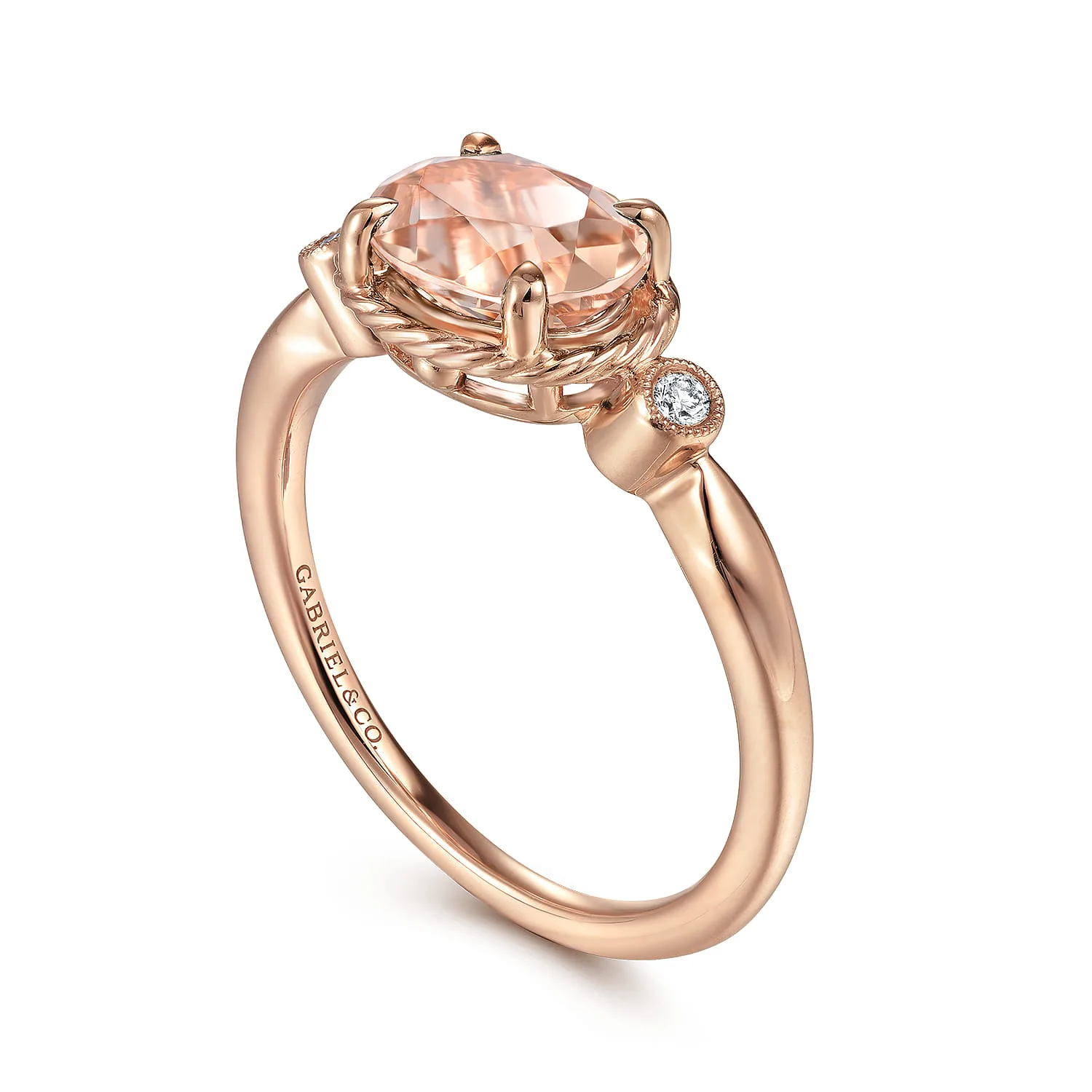 Horizontal Oval Morganite and Diamond Three Stone Ring in 14K Rose Gold, photograph 3
