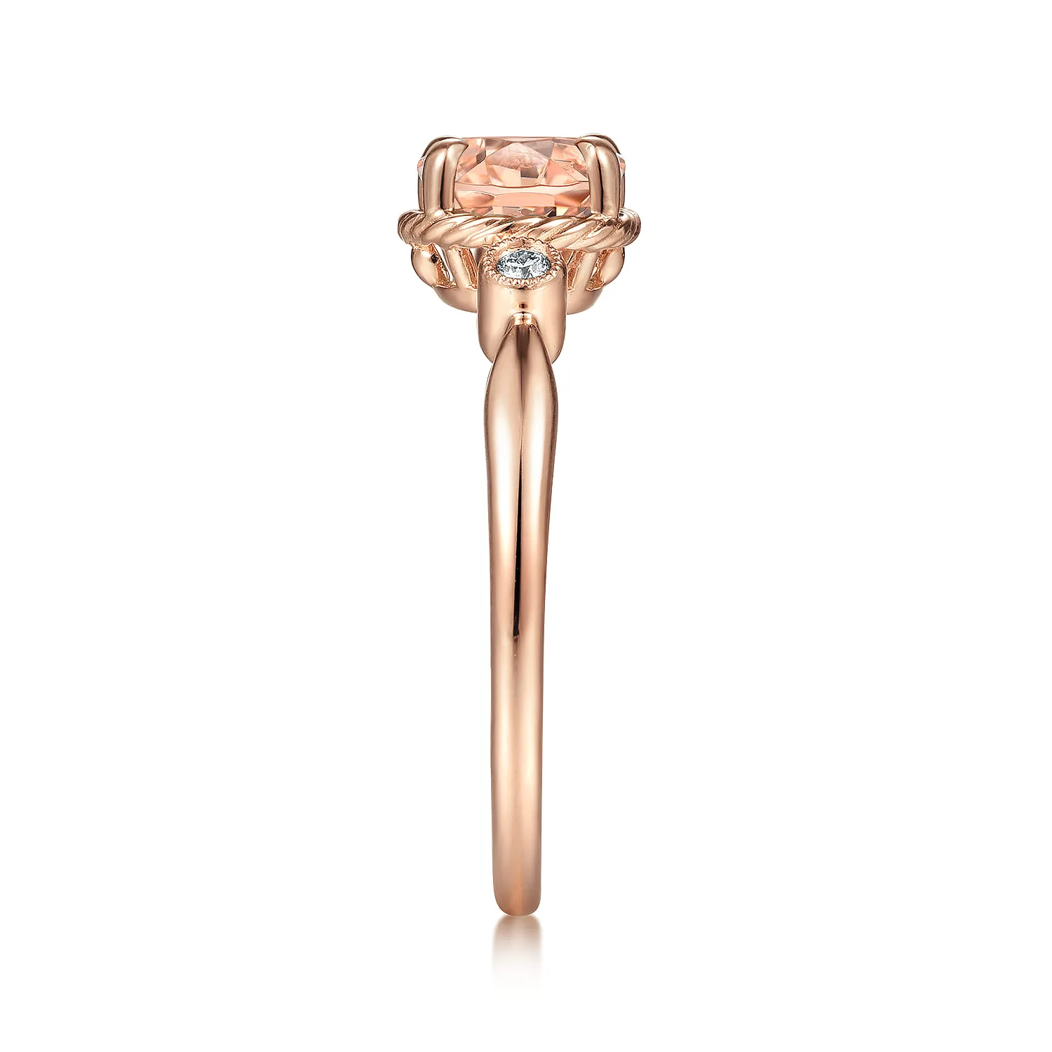 Horizontal Oval Morganite and Diamond Three Stone Ring in 14K Rose Gold, photograph 4