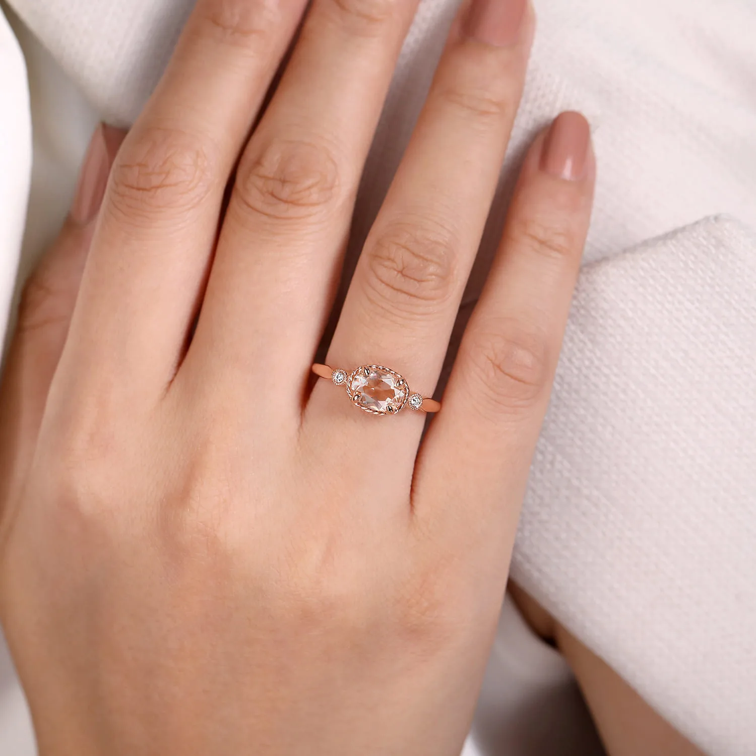 Horizontal Oval Morganite and Diamond Three Stone Ring in 14K Rose Gold, photograph 5