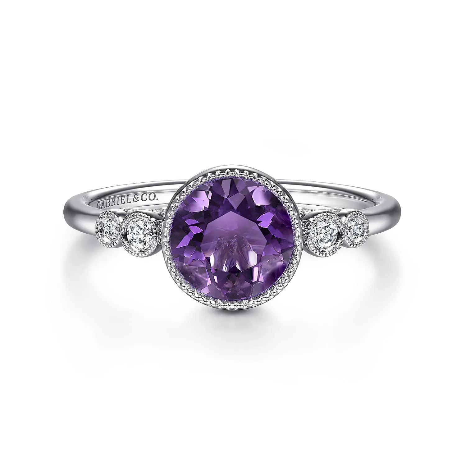 Round Bezel Set Amethyst and Diamond Promise Ring